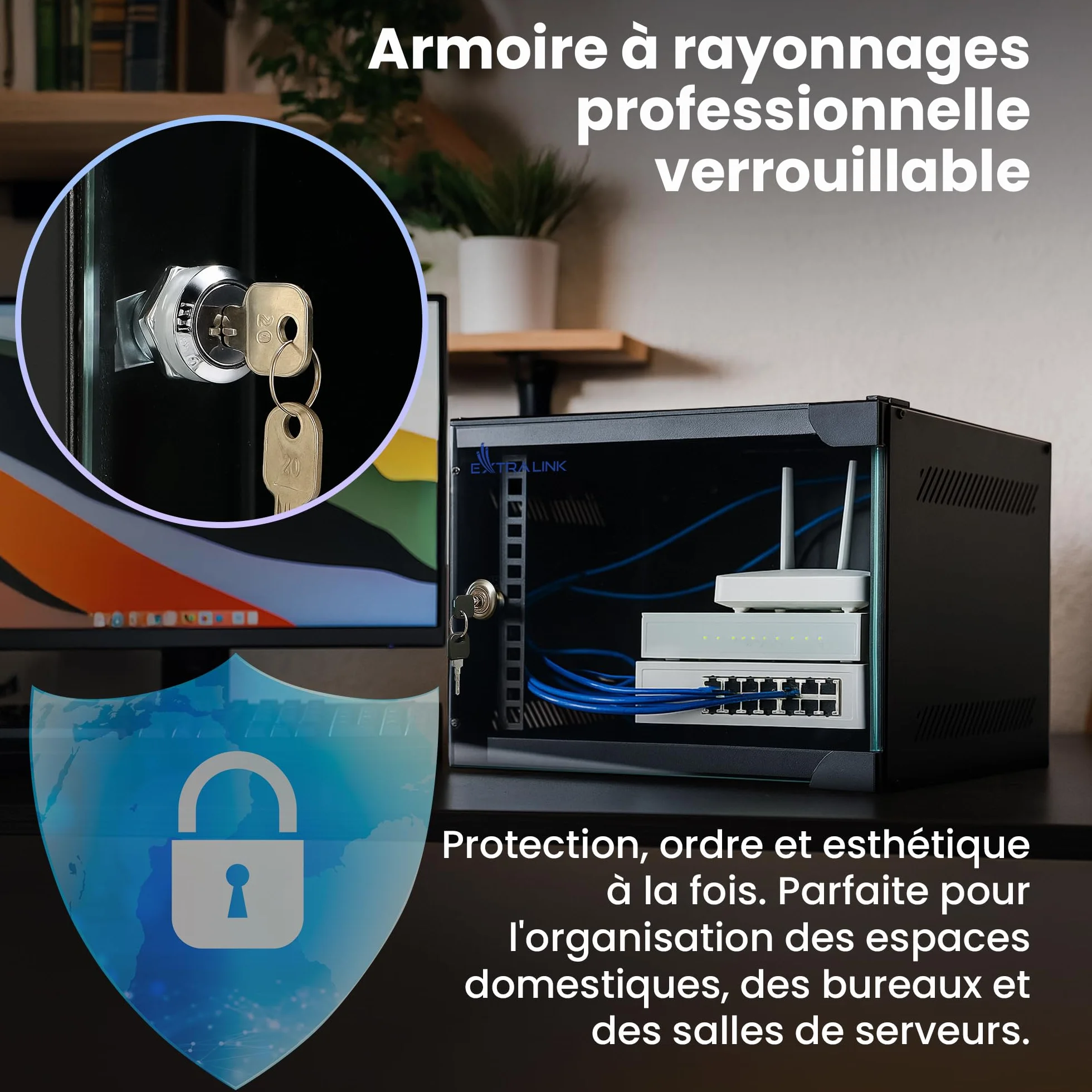 Extralink Baie de Brassage 10 Pouces 6U Armoire Réseau 310mm Profondeur Montage Mural Sol 180° Ouverture 30kg Noir