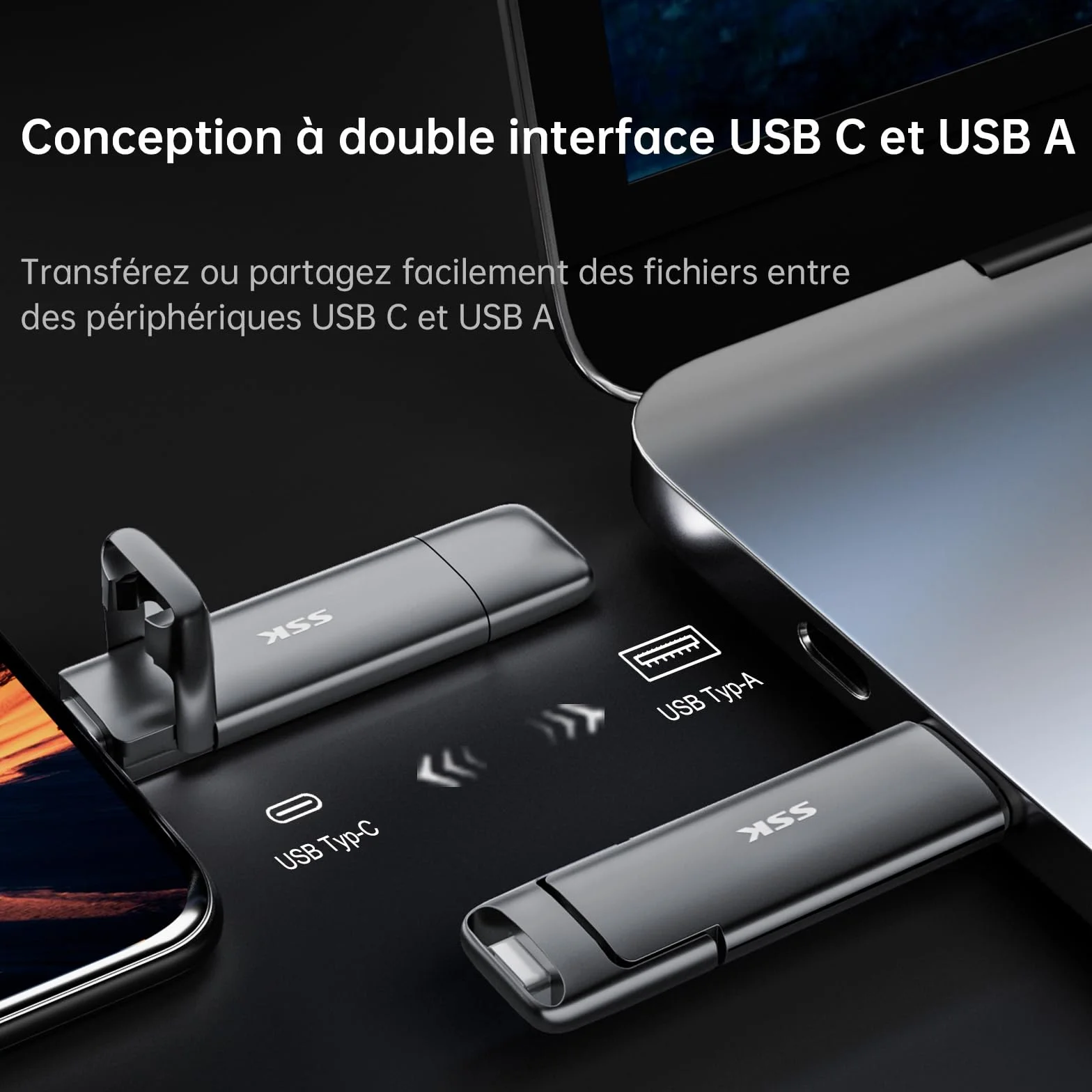 SSK SSD Externe 128 Go Disque Portable USB 3.2 Gen 2 550 Mo/s 2 en 1 OTG Clé USB A & Type C