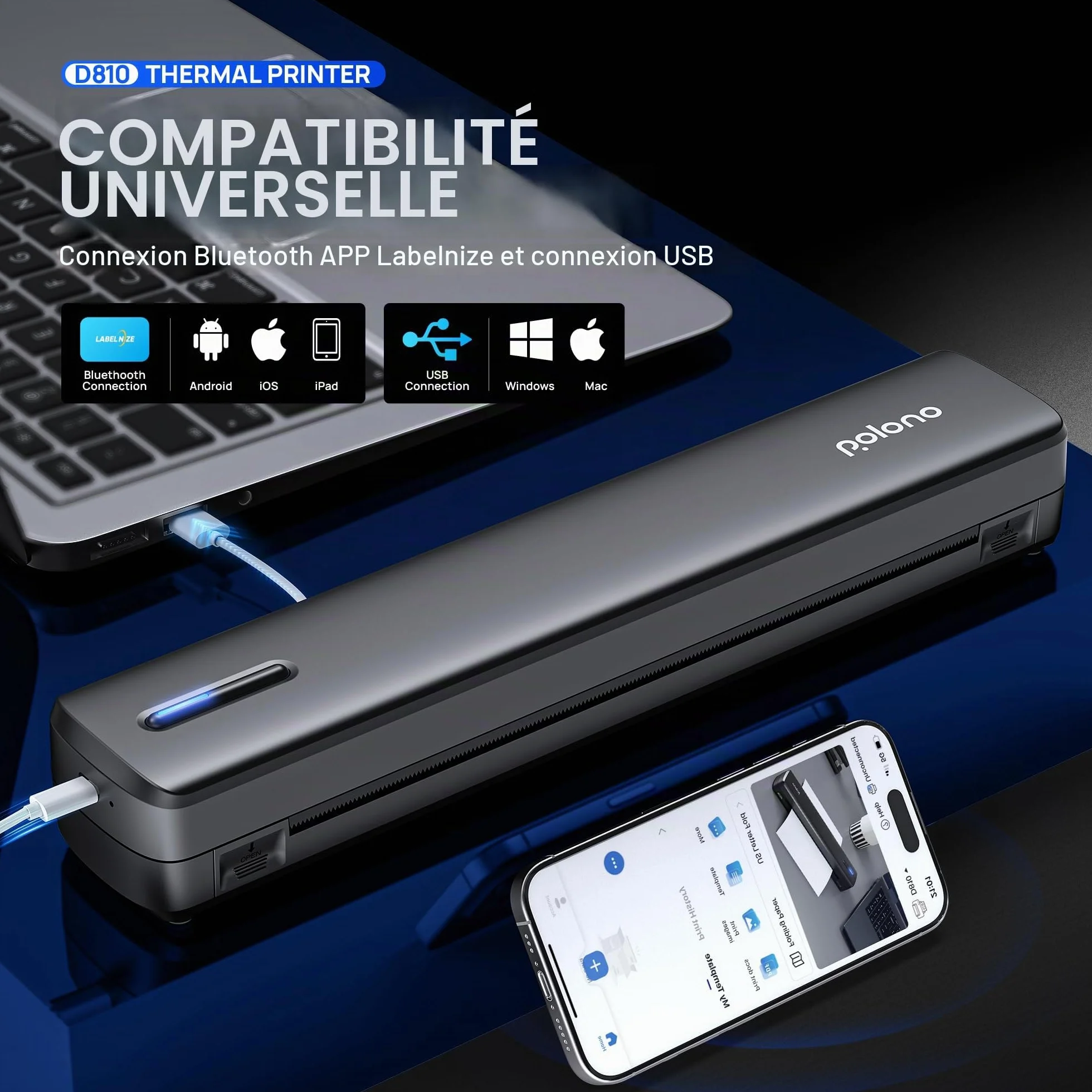 POLONO Imprimante thermique A4 sans fil portable pour voyage, compatible iOS Android ordinateur