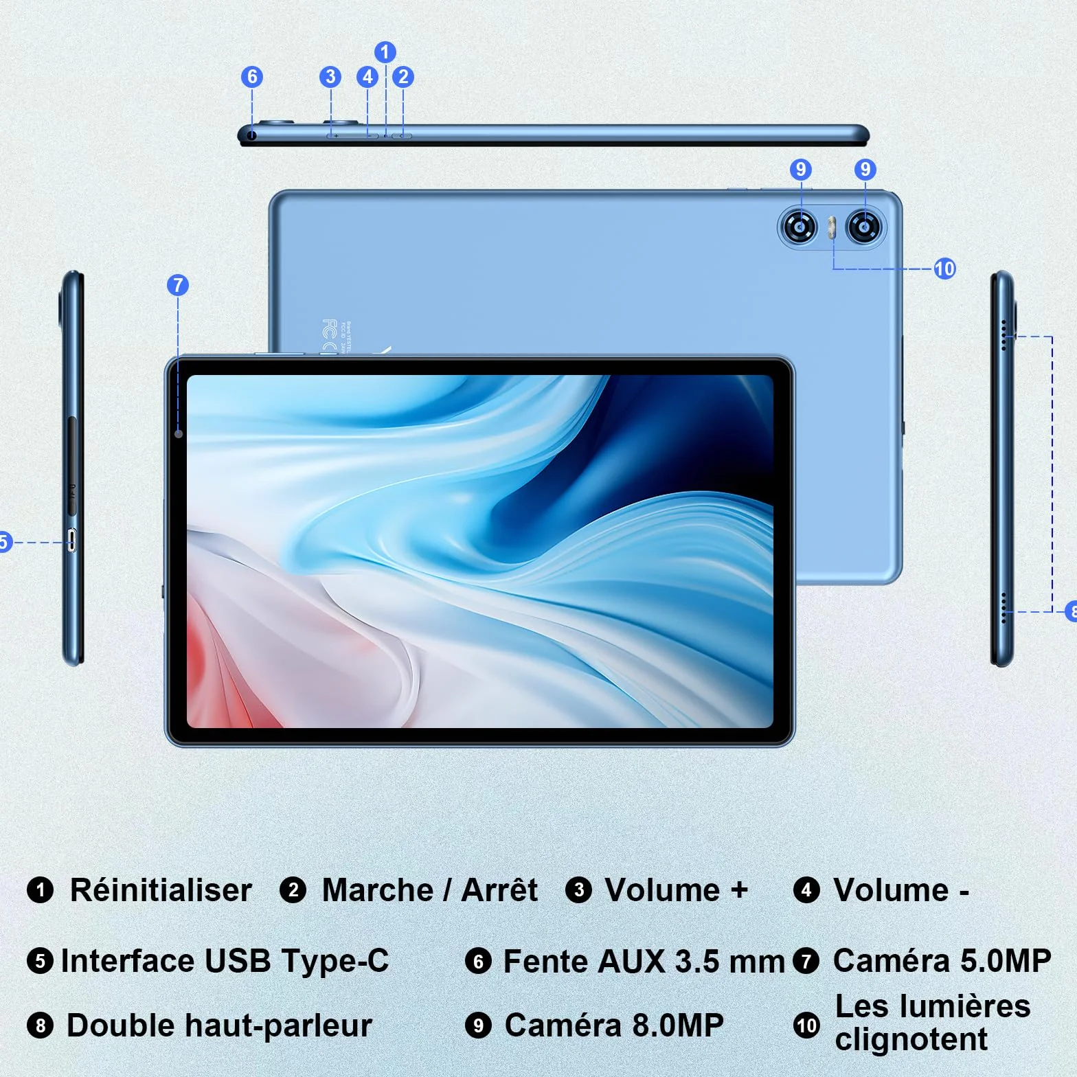 Tablette 10 Pouces Android 20Go RAM 128Go ROM Octa-Core 5G WiFi 6 Widevine L1 GMS GPS BT 5.0 6000mAh - Bleu