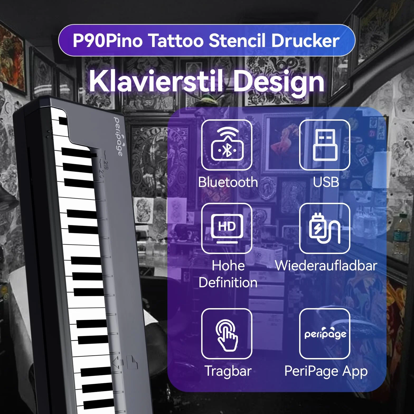 PeriPage Imprimante Tatouage Transfert pour Débutants Artistes, Thermocopieur Compatible Phone PC Bluetooth avec 5 Papiers Transfert