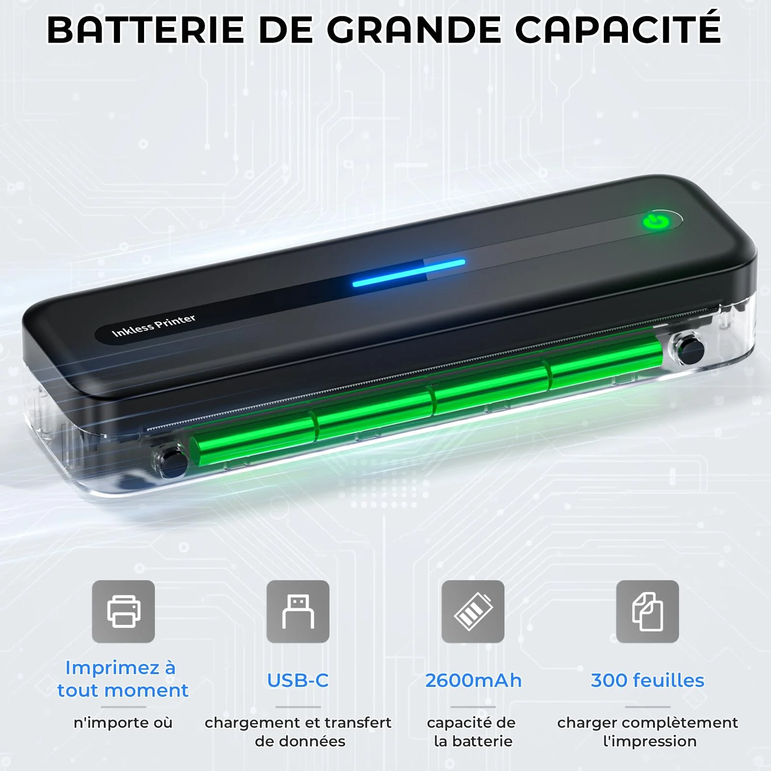 Imprimante Thermique A4 Portable Bluetooth 300 dpi sans Encre pour Voyage