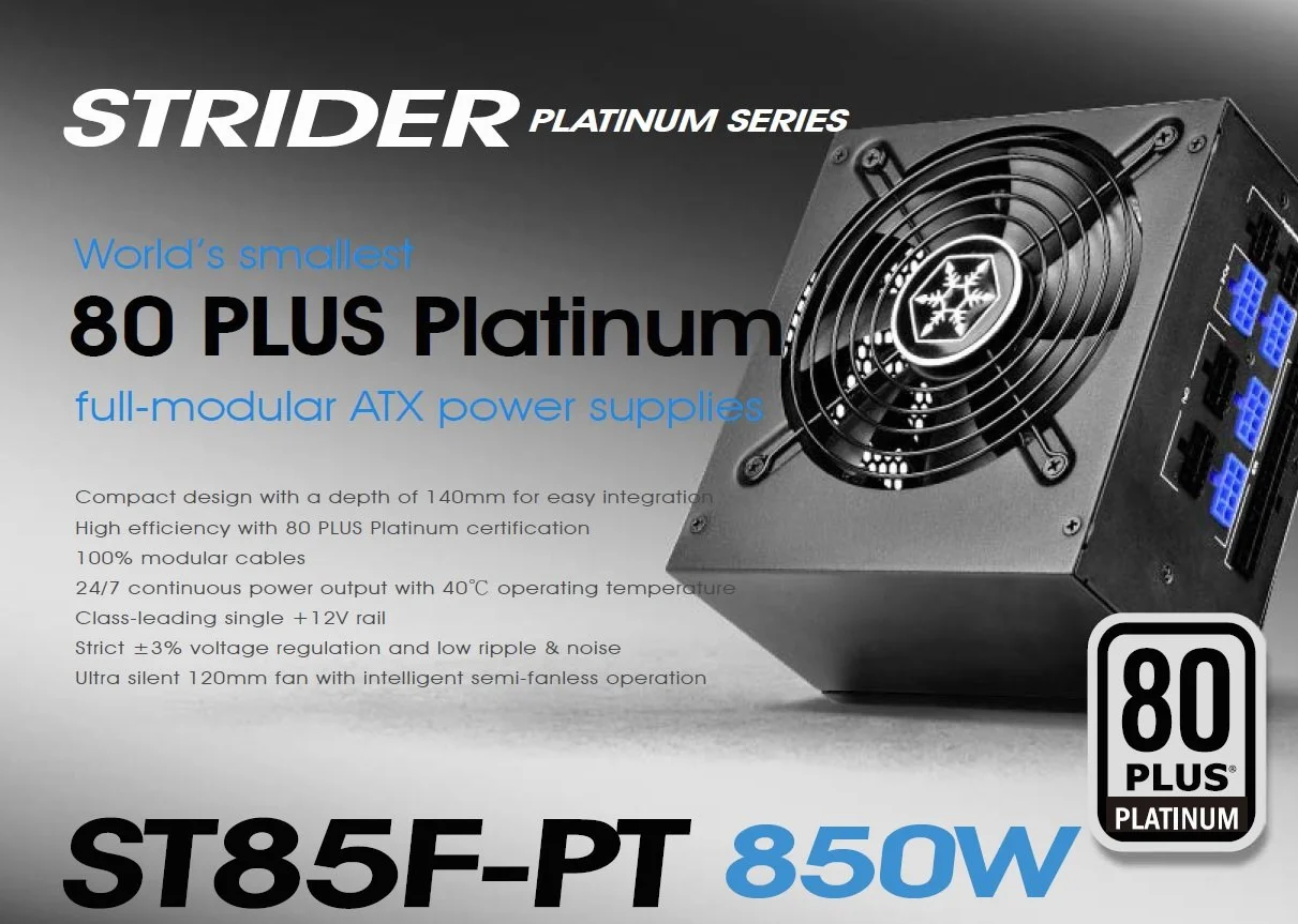 SilverStone SST-ST85F-PT Strider Platinum 850W 80 Plus Platine ATX Alimentation PC 120mm Modulaire