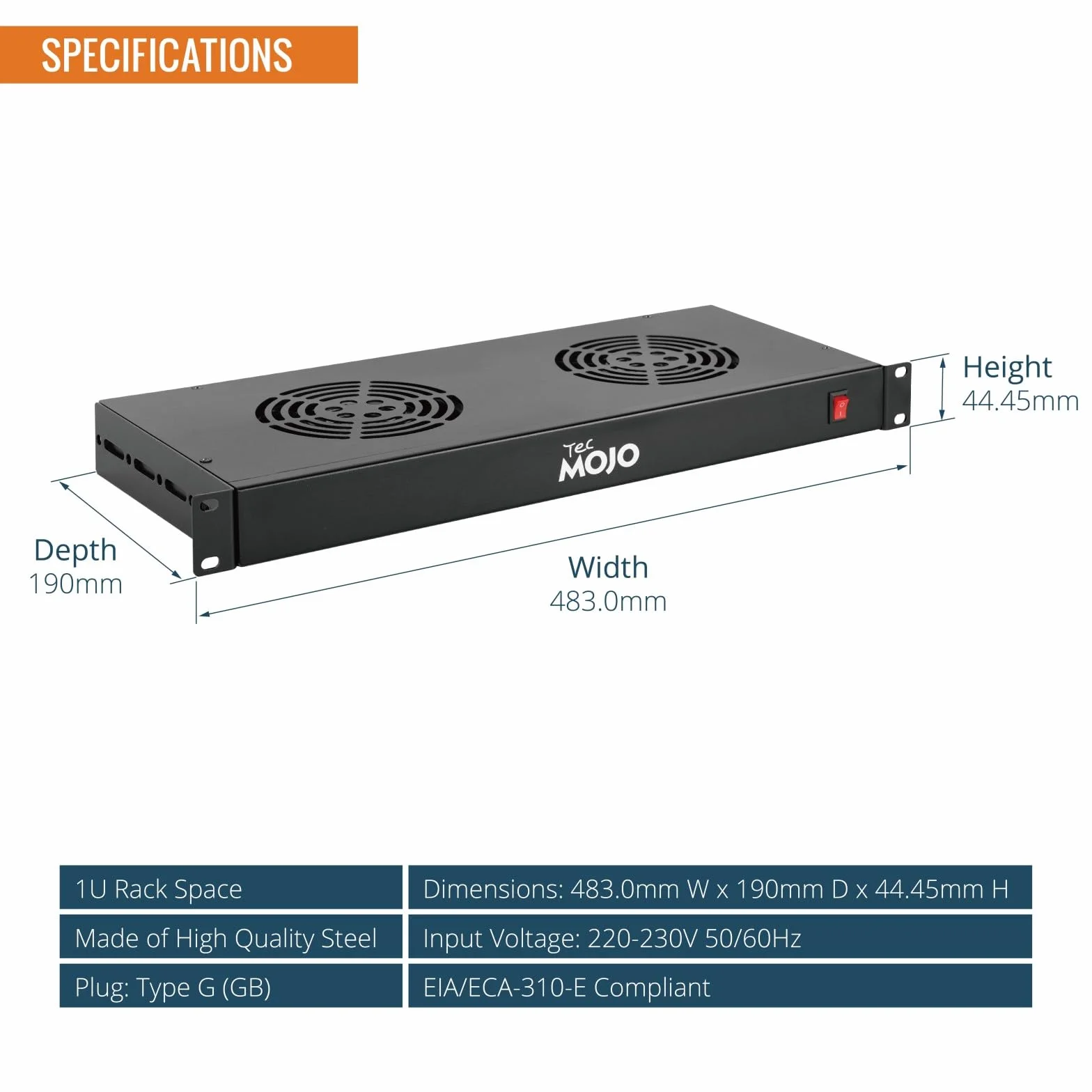 Tecmojo Module de Ventilation pour Rack 1U 19 Pouces 2 Ventilateurs Support Rail Réglable 190-331mm Câble 1,8m Noir