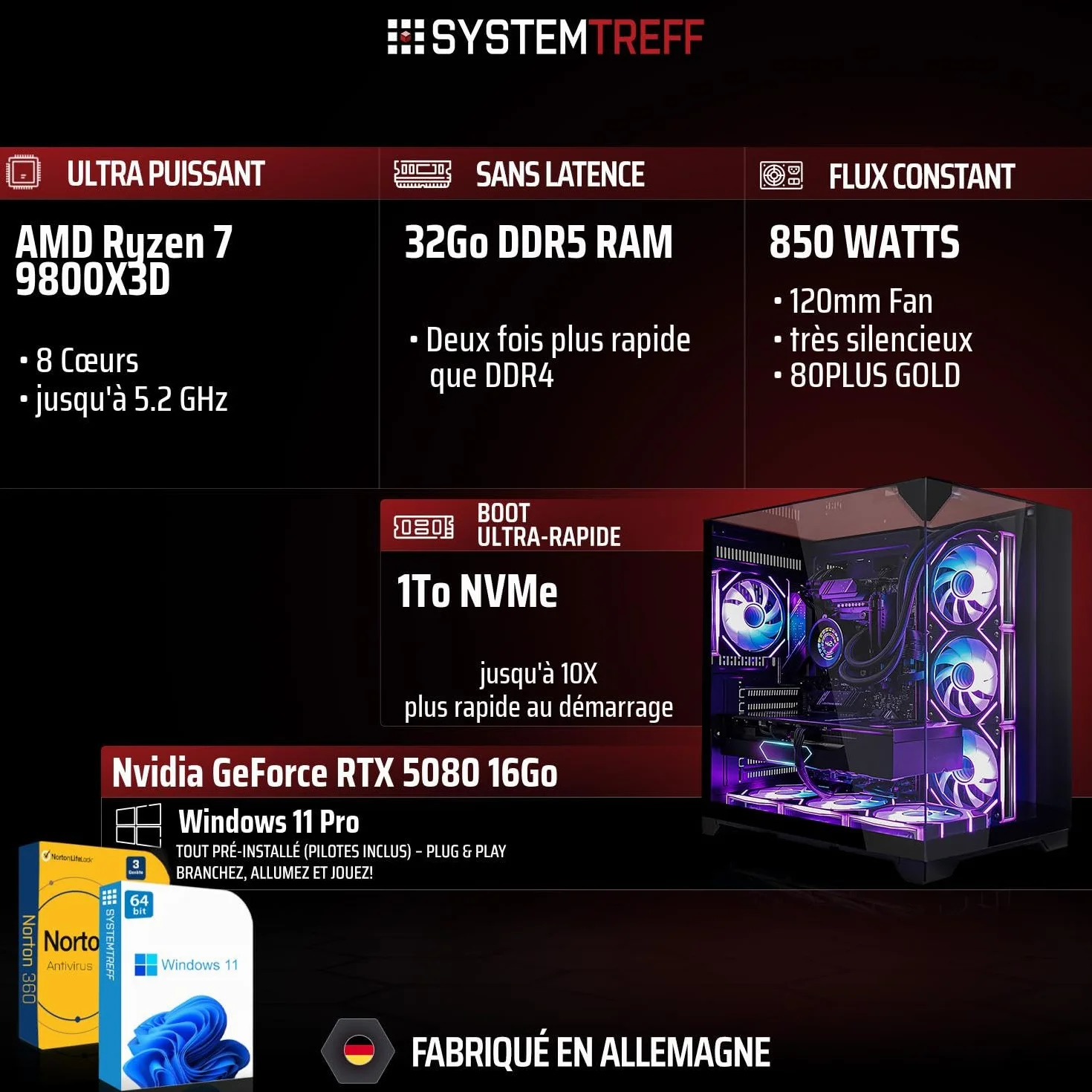 SYSTEMTREFF PC Gamer AMD Ryzen 7 9800X3D 8x5.2GHz Nvidia RTX 5080 16Go 1To M.2 NVMe 32Go DDR5 RAM Windows 11 Ordinateur de Bureau