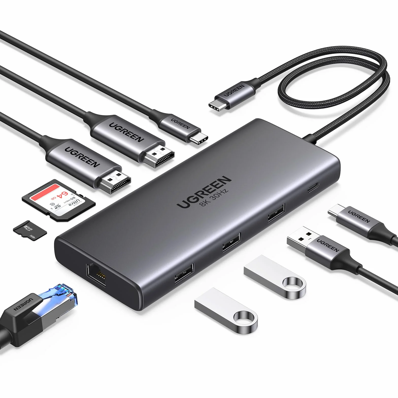 UGREEN Revodok Pro 210 Hub USB C Double HDMI 4K60Hz 8K30Hz 10 en 1 Docking Station Ethernet Gigabit PD 100W Charge Lecteur SD TF