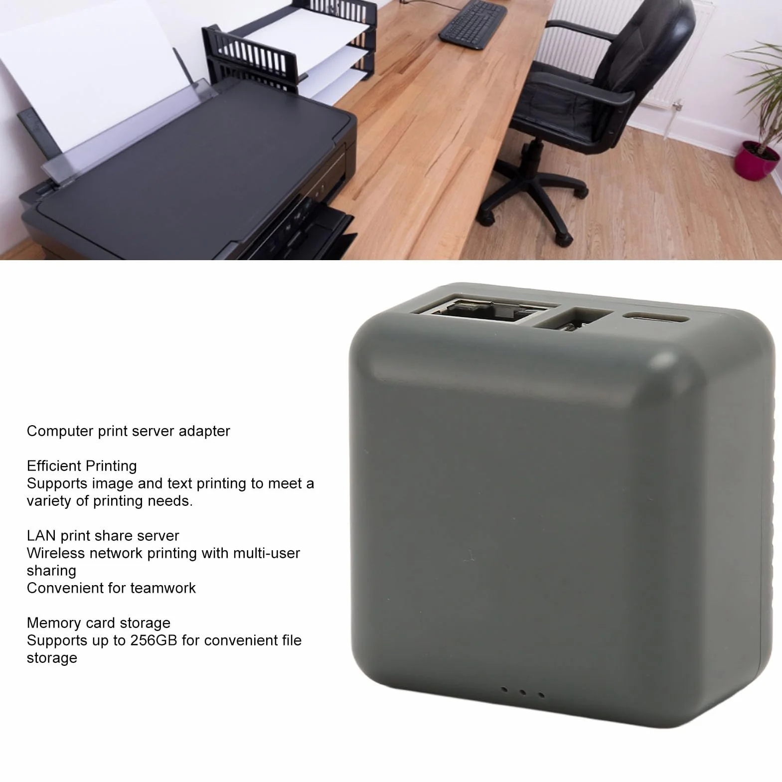 GOWENIC Serveur d'impression USB Réseau RJ45 WiFi LAN Partage Multi-utilisateurs Adaptateur