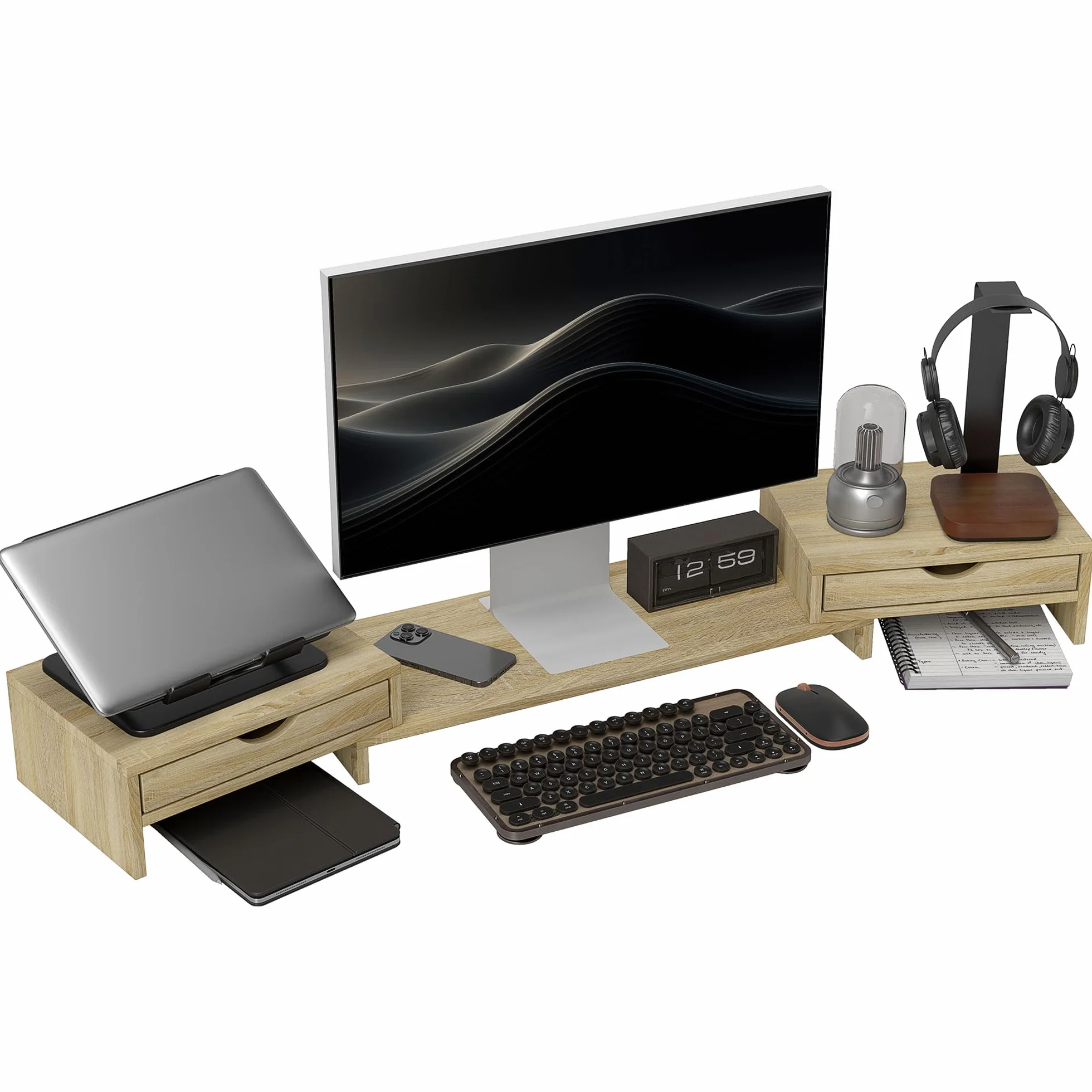 HOMCOM Rehausseur écran PC bureau support moniteur 60-116 cm 2 tiroirs réglable chêne