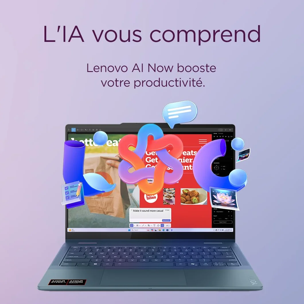Lenovo Yoga 7 2-in-1 14AKP10 Ordinateur Portable 14" OLED AMD Ryzen AI 5 340 RAM 16Go SSD 512Go AMD Radeon 840M Windows 11 Home Clavier AZERTY Tidal Teal