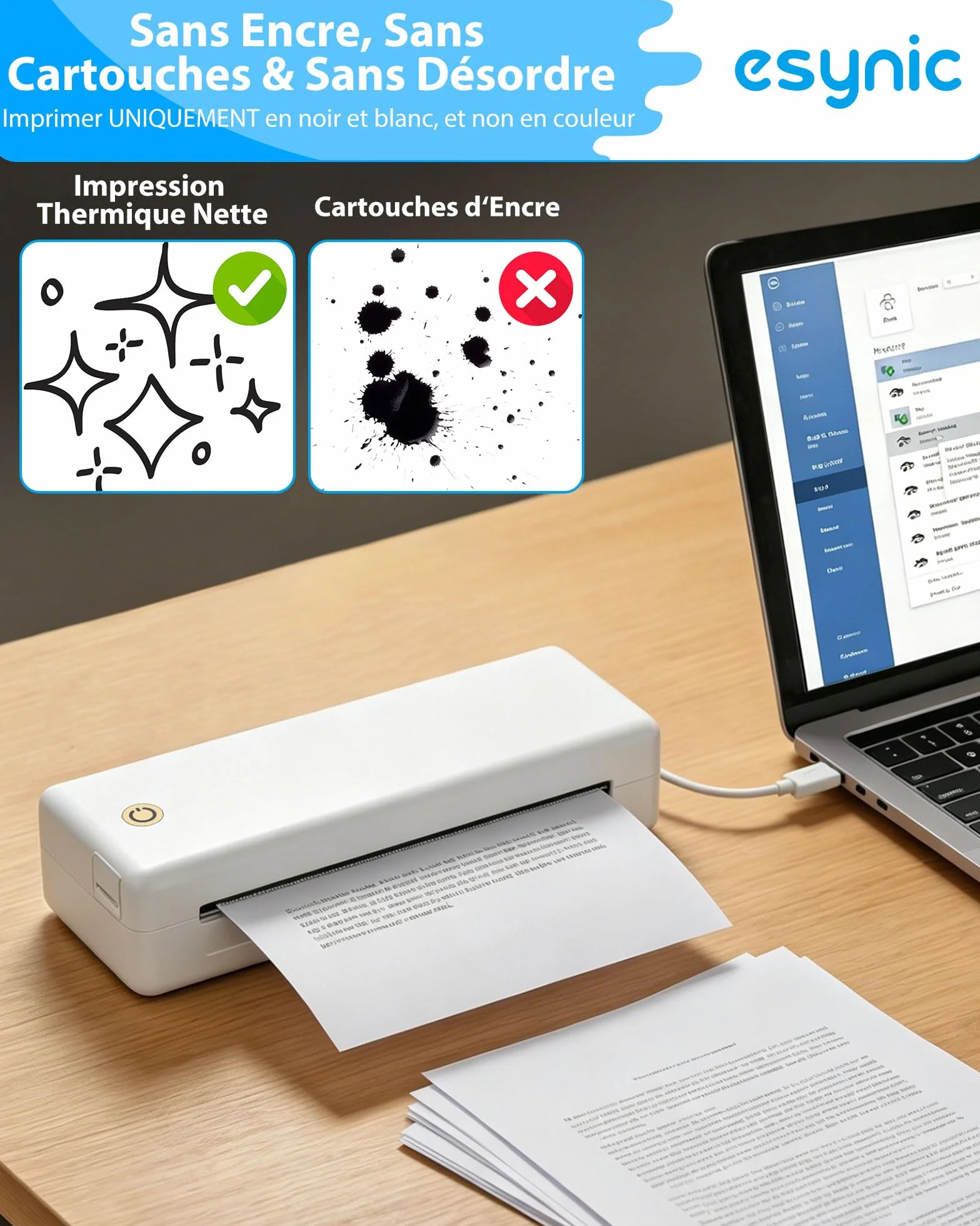 eSynic Imprimante Thermique Portable A4 Bluetooth USB Compatible iOS Android Windows MacOS