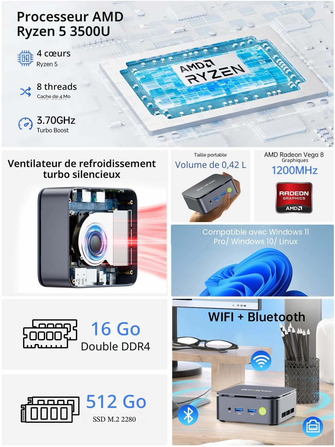 GMKtec G10 Mini PC Ryzen 5 3500U 16 Go RAM 512 Go SSD LAN 2,5GbE Triple Affichage 4K WiFi Bluetooth USB-C DP