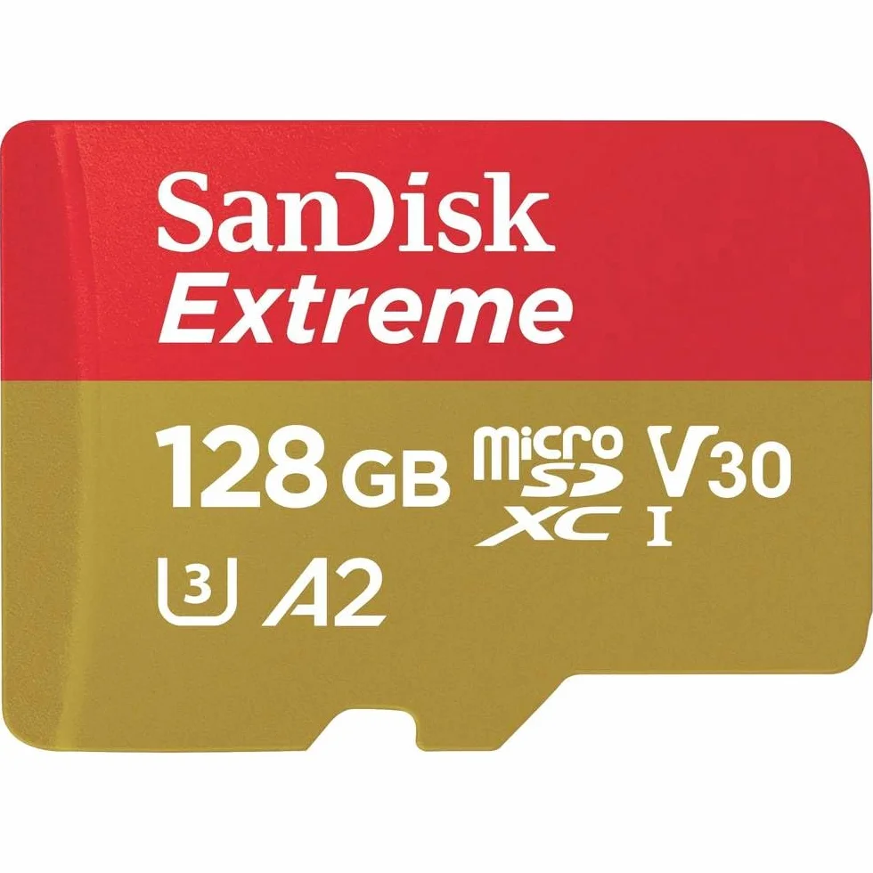 SanDisk 128 Go Extreme microSDXC carte A2 U3 V30 pour caméras embarquées et drones + Adaptateur SD + RescuePRO Deluxe, jusqu'à 190 Mo/s