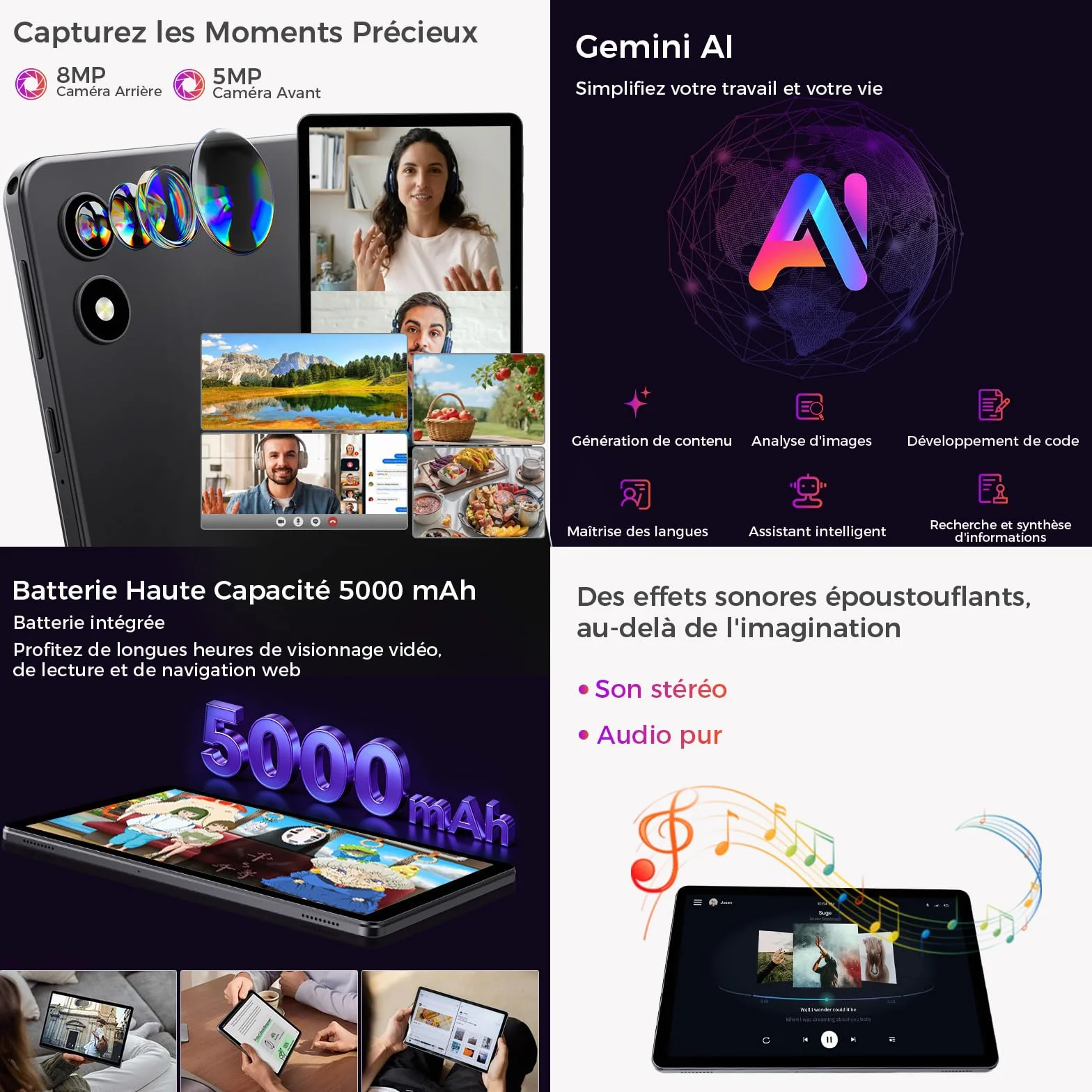 Tablette 10 Pouces Android 16 Gemini AI 16Go RAM 64Go ROM 1To TF Widevine L1 WiFi 6 BT 5.2 5000mAh Identification Faciale