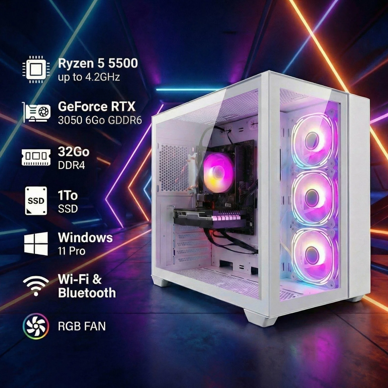 PC Gamer Fixe GeForce RTX 3050 6Go GDDR6 Ryzen 5 5500 32Go DDR4 1To SSD WiFi 6