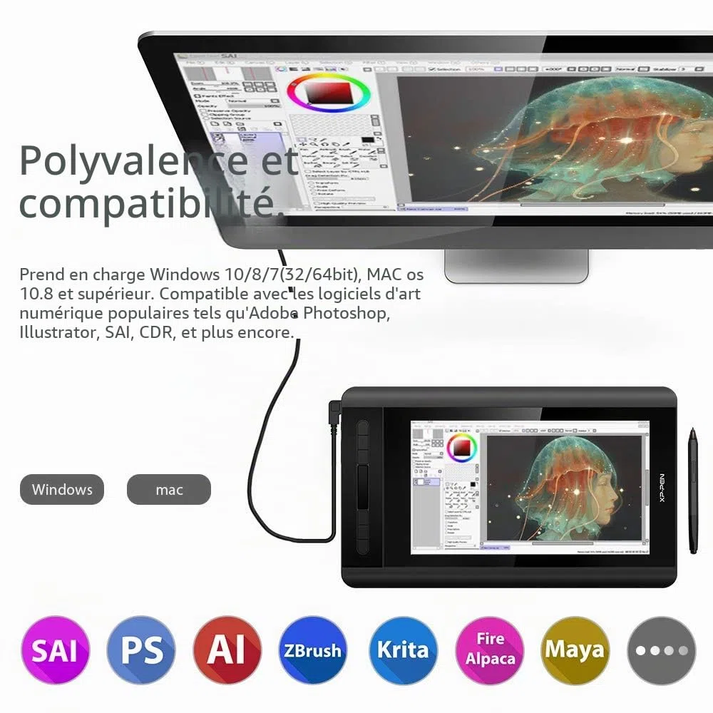 XP-Pen Artist 12 Tablette Graphique avec Ecran 11.6 Pouces à Stylet Passif 8192 Niveaux Acompagnée avec 6 Raccourcis et 1 Barre Tactile - Compatible avec Windows et Mac