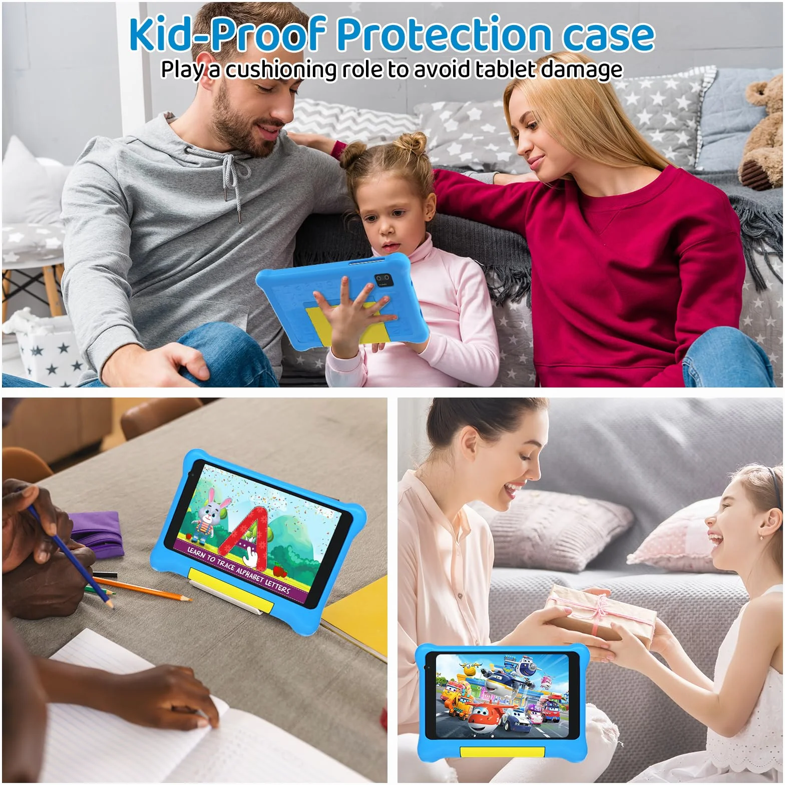 Tablette Enfants 7 Pouces Android 5Go+32Go+128Go Applications Préinstallées Contrôle Parental 1024x600 2500mAh Caméra Double WiFi 6 BT5.2 Bleu