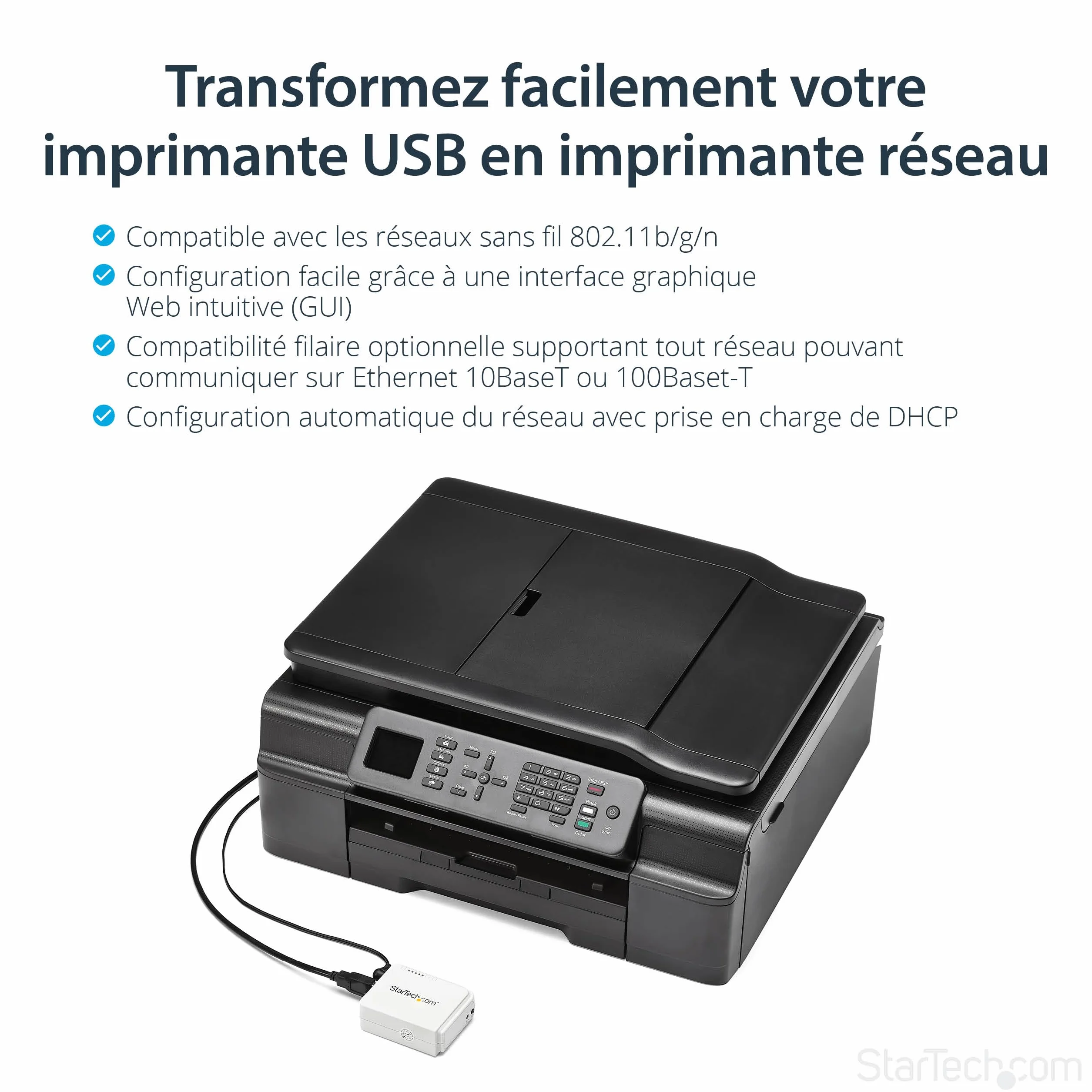 StarTech.com Serveur d'impression USB 2.0 sans fil N Ethernet 10/100 802.11 b/g/n 150 Mb/s Blanc PM1115UWEU