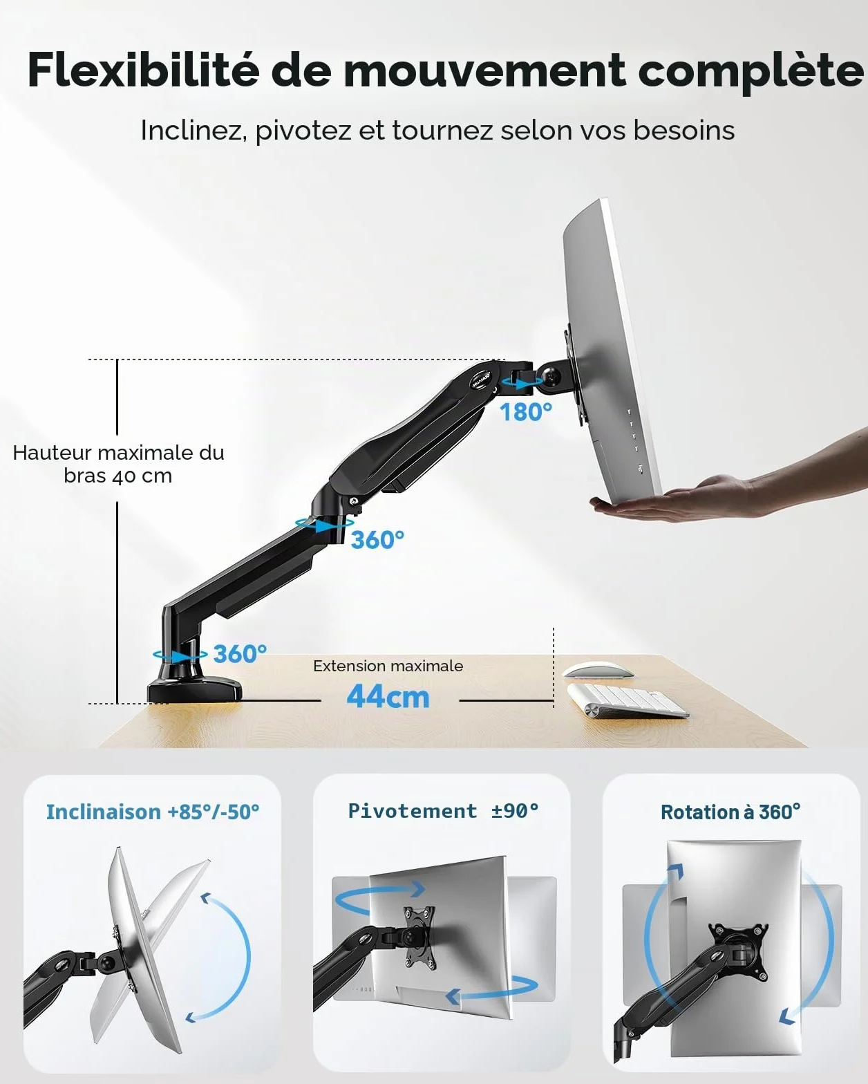HUANUO Support Écran PC 13-32 Pouces Bras Simple Réglable Hauteur Inclinaison Pivotement Rotatif VESA 75 100 mm