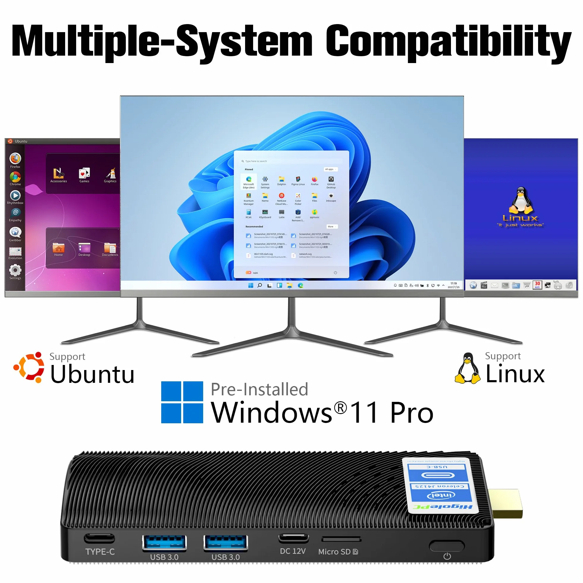 Mini PC Stick Win 11 Pro, Celeron J4125 8GB RAM 128GB SSD 2.7 GHz, Fanless, 4K 60Hz, WiFi BT 5.2
