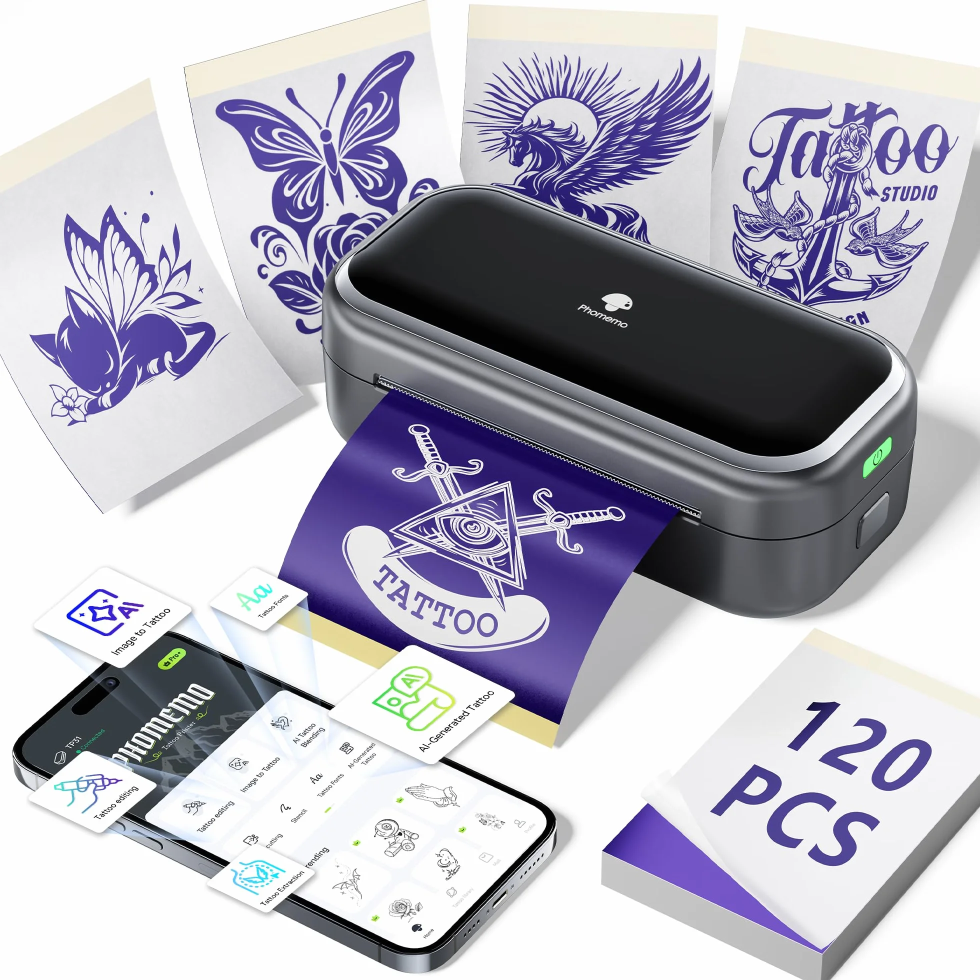 Phomemo TP31 Imprimante Tatouage avec 120 Feuilles Papier Transfert Compatible iOS Android