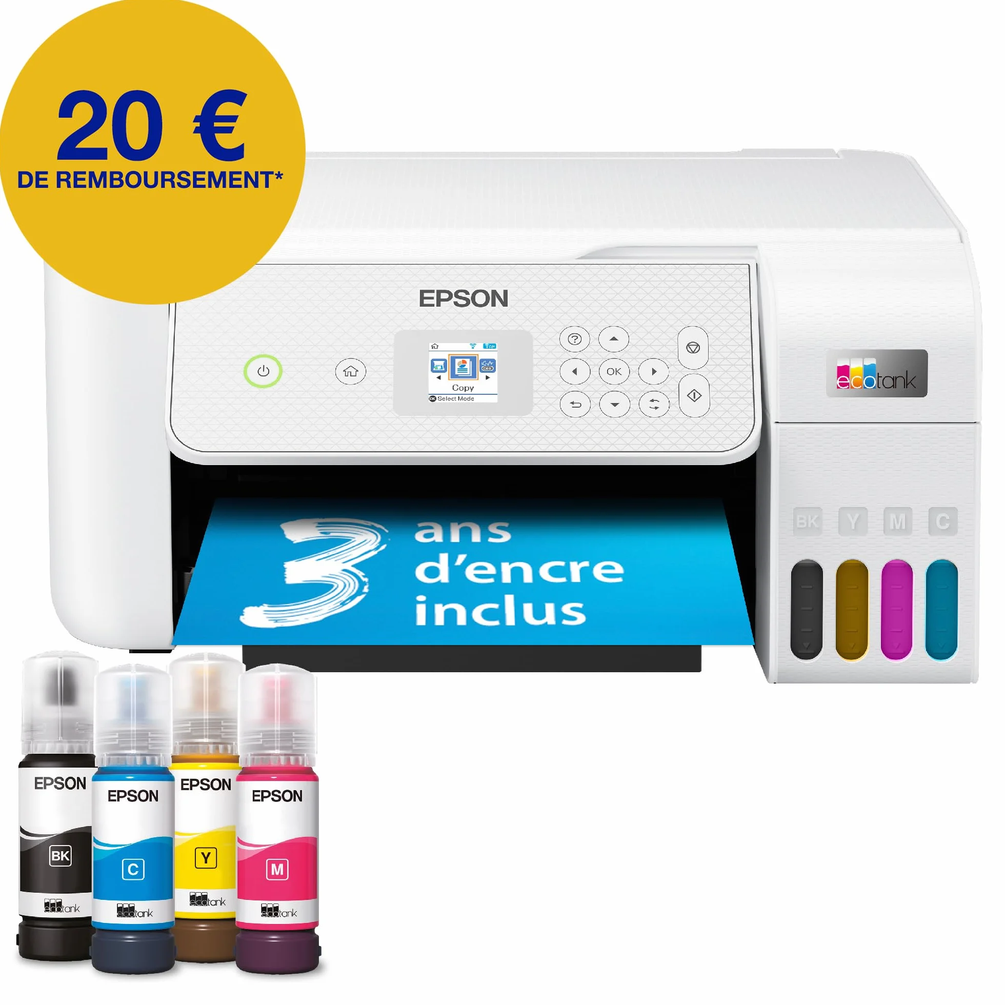 Epson EcoTank ET-2876 Imprimante A4 Wi-Fi Réservoir d'encre Copie Numérisation Écran LCD 3,7cm