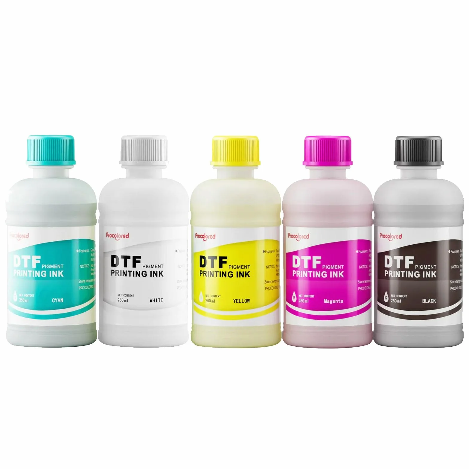 Procolored DTF CMYKW Lot de 5 recharges d'encre pour imprimante DTF 250 m