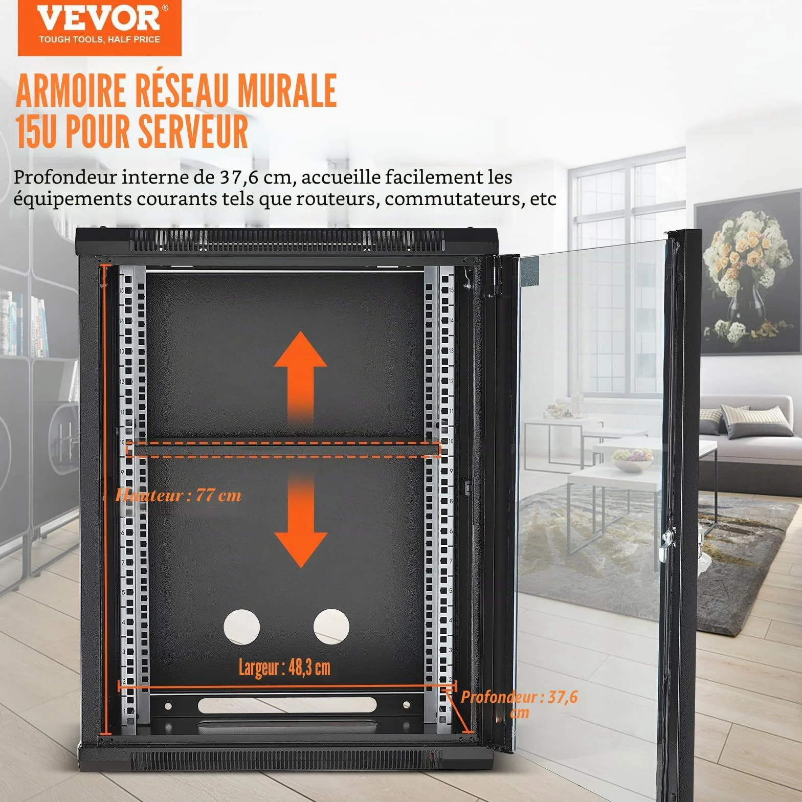 VEVOR Armoire de Serveur Mural 15U, Boîtier Rack Réseau avec Roulettes, Charge 226,8 kg, Porte Verre Trempé Verrouillable, Acier Q235