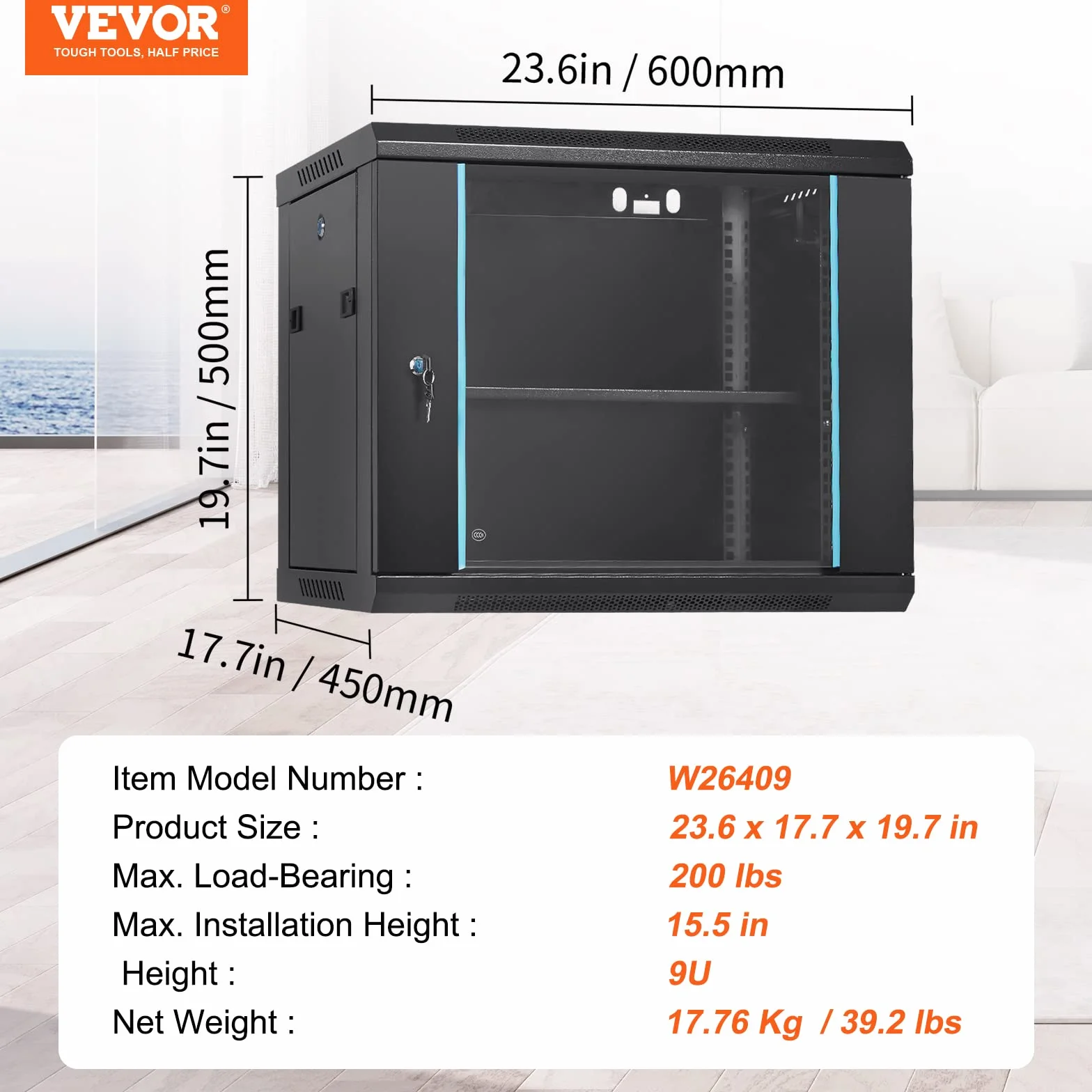 VEVOR Armoire de Serveur Réseau 9U Montage Mural 394 mm 90 kg Panneaux Latéraux en Verre Verrouillables