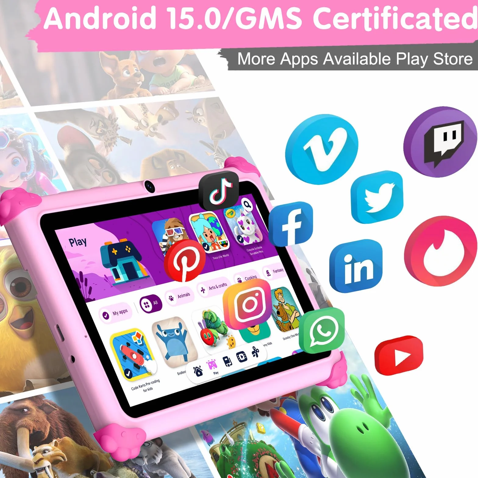 Tablette Enfants 7 Pouces Android 15 WiFi6 Penta Core 6Go RAM 32Go ROM Double Caméra 128Go Extension Rose