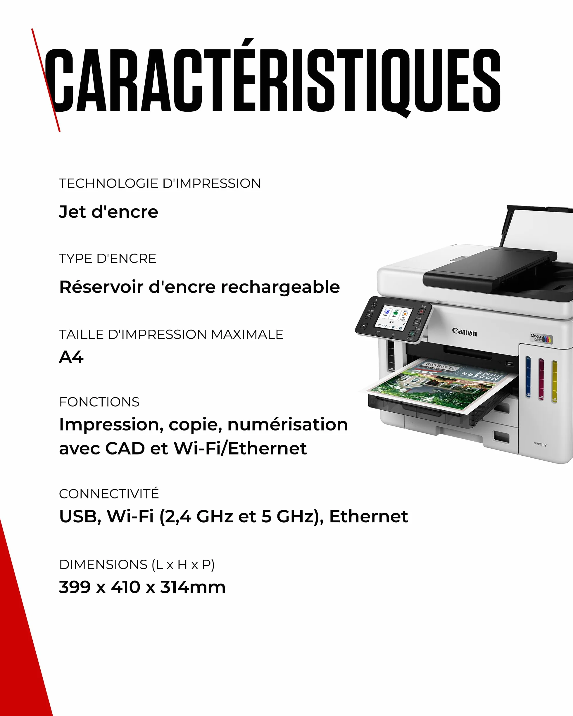 Canon MAXIFY GX7150 Imprimante de Bureau Compacte MegaTank Jet d'encre Couleur sans Fil Tout-en-Un Wi-Fi Ethernet USB