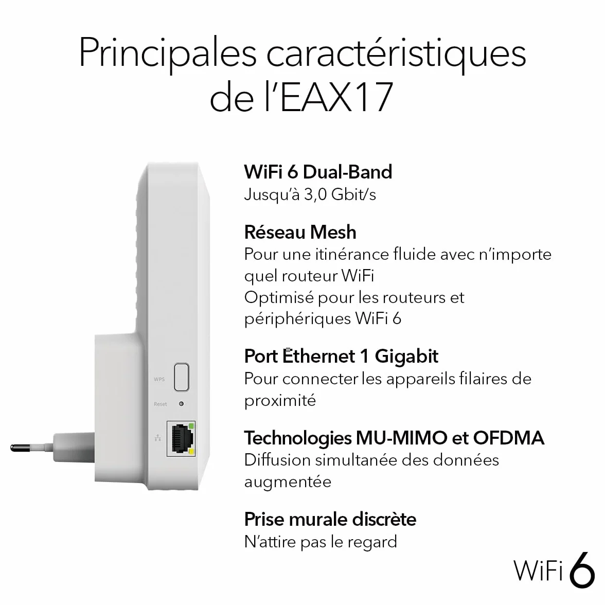 NETGEAR Répéteur WiFi 6 Mesh EAX17, Amplificateur AX3000, 3 Gbps, Couvre 140 m²