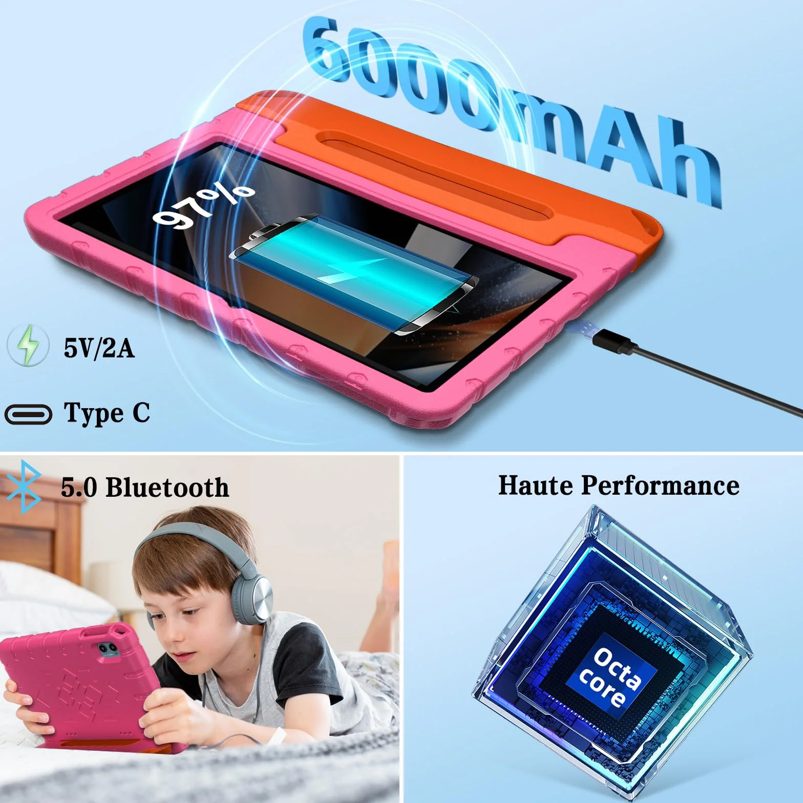 Tablette Enfants 10 Pouces Android 15 30Go RAM 64Go ROM TF 2To 5G WiFi Octa-Core Widevine L1 Face ID Contrôle Parental 6000 mAh BT 5.0