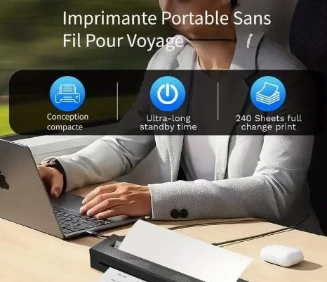 Imprimante Thermique Portable A4 sans Encre Bluetooth Compatible iOS Android Noir