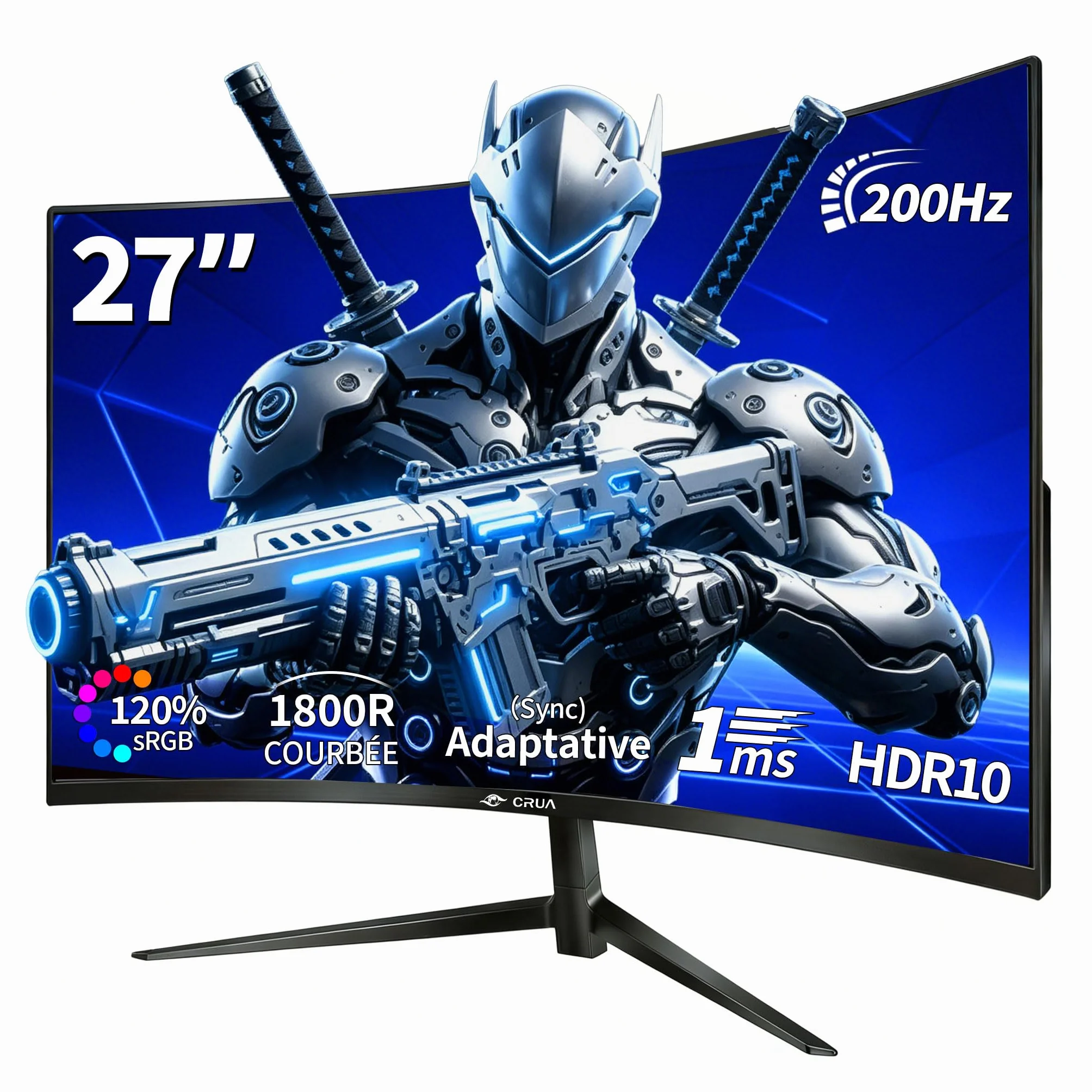 CRUA Gaming incurvé Écran 27 Pouces 200 Hz, FHD 1080P 1800R Moniteur PC, 1 ms GTG avec FreeSync, Faible Flou de Mouvement, Protection des Yeux, VESA, DisplayPort, HDMI,