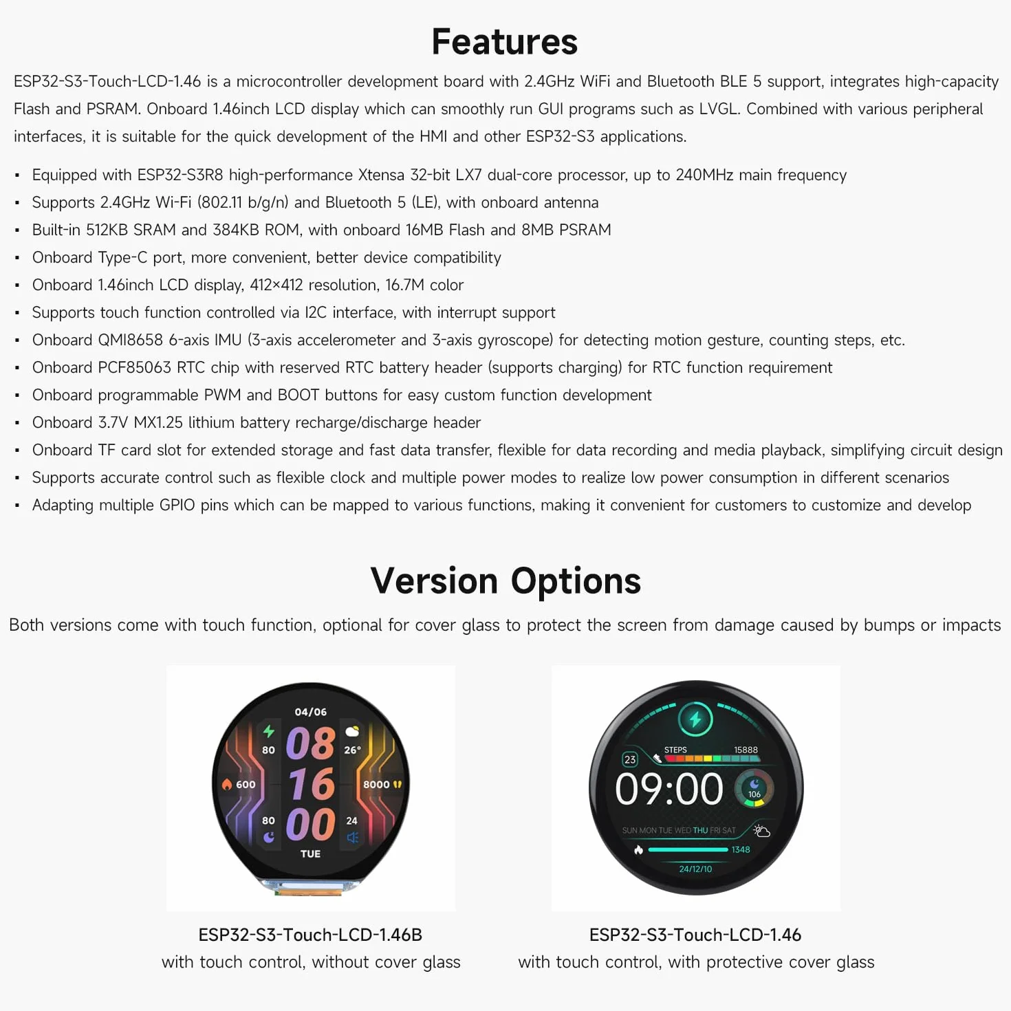 Waveshare ESP32-S3 1.46inch Round Display Development Board 412x412 Wi-Fi BLT Accelerometer Gyroscope Sensor