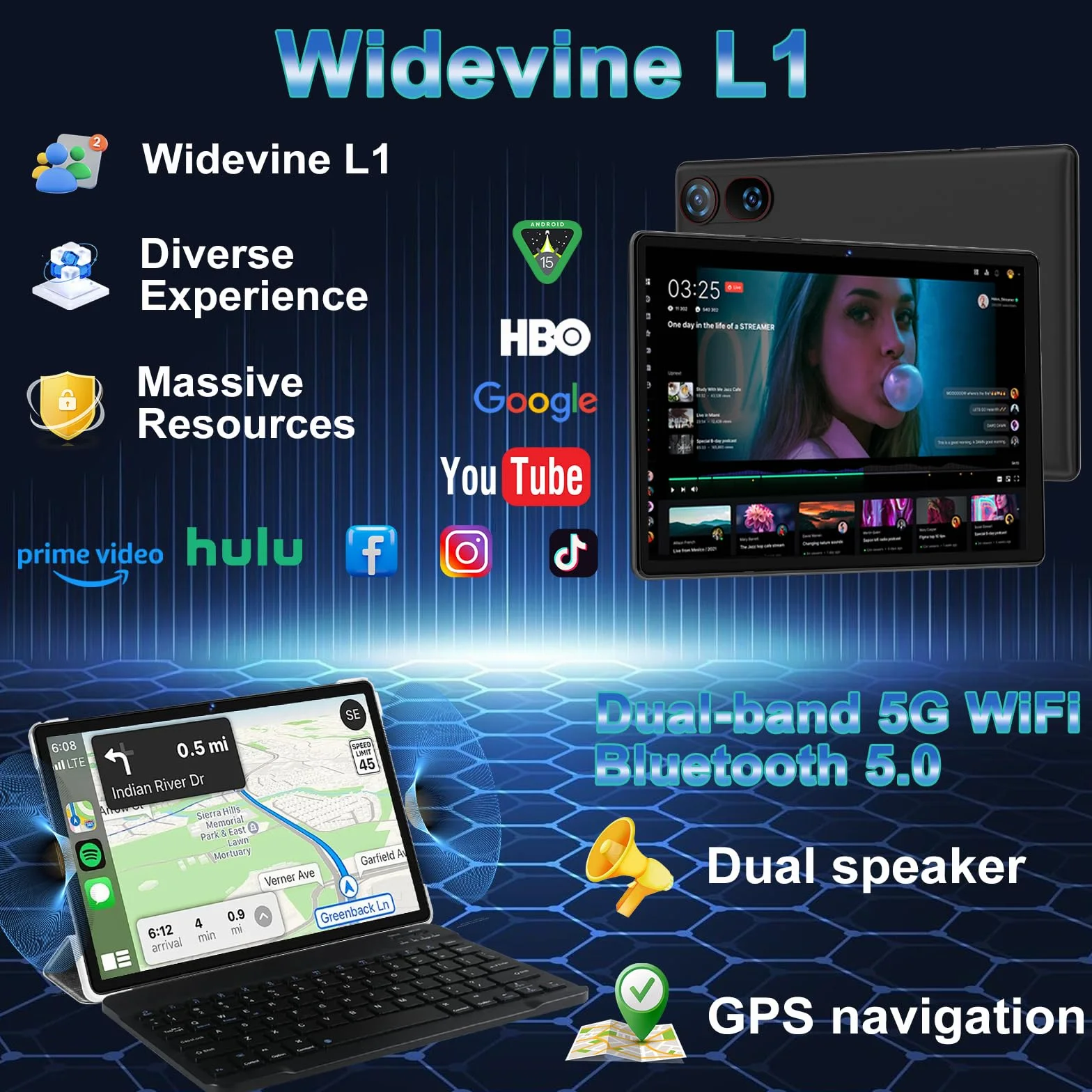 Tablette 10 Pouces Android 15 30 Go RAM 2 To ROM Expansion Widevine L1 5G Wi-Fi Gemeni AI 8 Cœurs GPS FHD Tactile Clavier Souris Noir