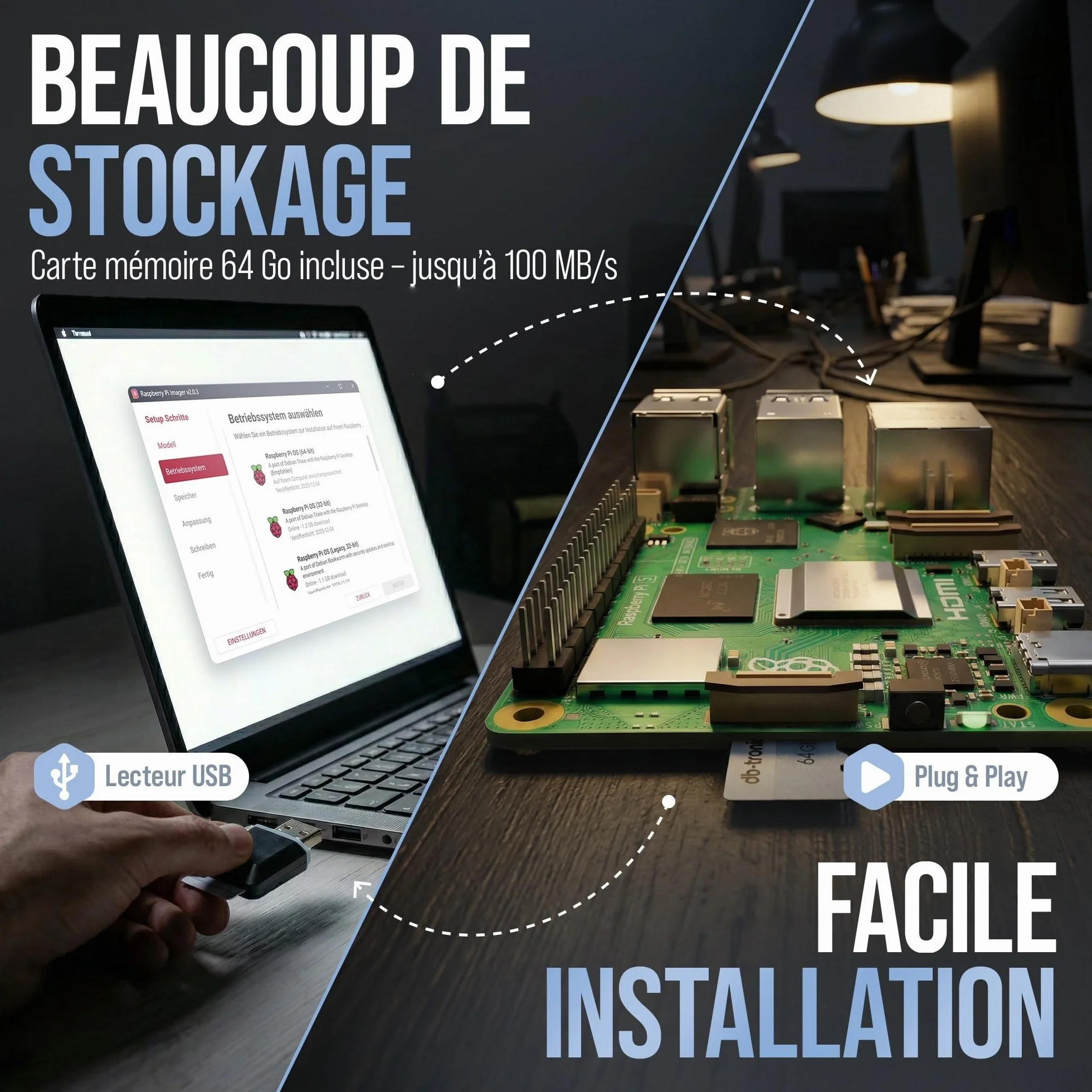 Raspberry Pi 5 1 Go Starter Kit Édition 64 Go Alimentation 27 W Boîtier Ventilateur Micro HDMI 4K Dissipateur alu