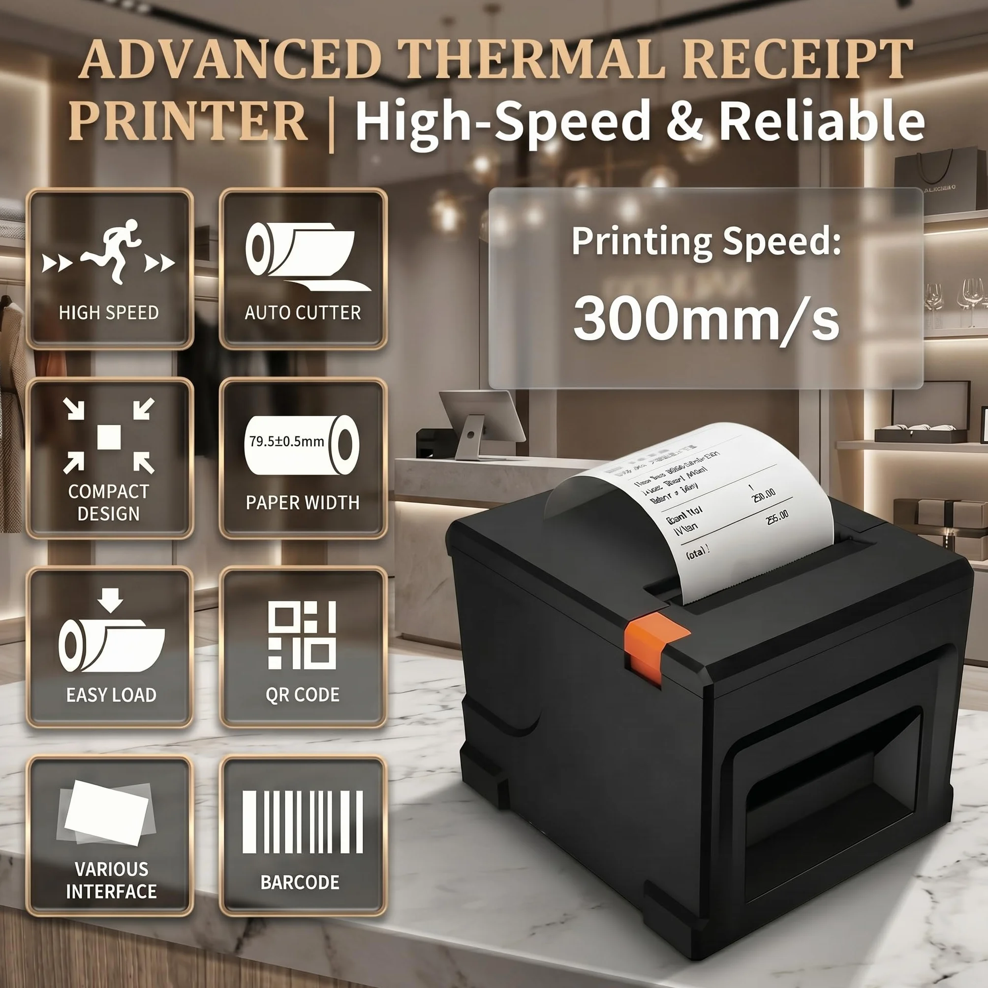 Imprimante POS Thermique 80mm avec Coupeur Automatique 300mm/s USB LAN Bluetooth