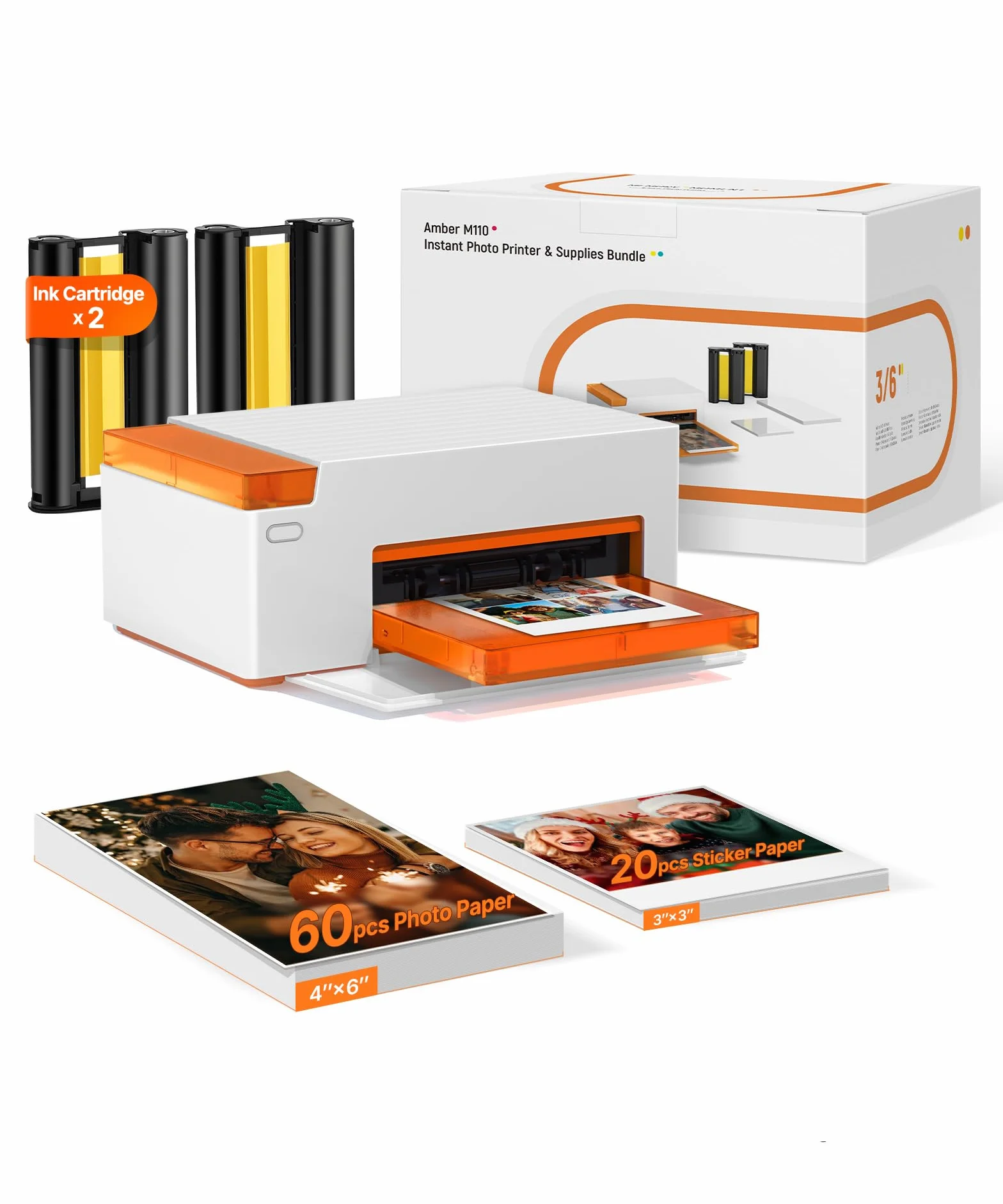 Liene Amber M110 Mini Imprimante Photo Portable Bluetooth Kit 60 Photos 10x15 cm 20 Autocollants 7,7 cm 2 Cartouches Thermosublimation