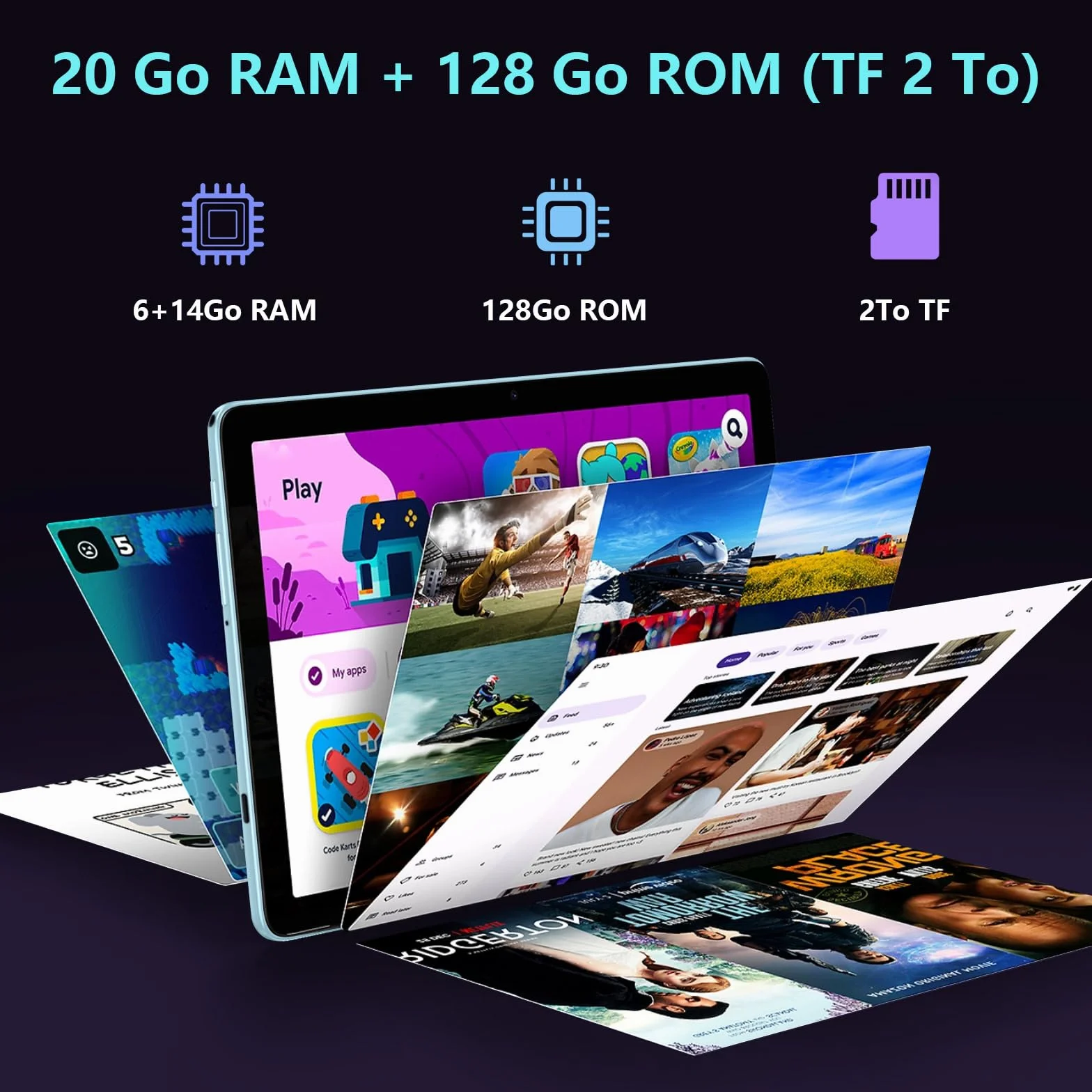 Tablette 10 Pouces Android 15 20Go RAM 128Go ROM 8580 mAh Batterie Octo-Cœur 5G WiFi Tactile 5+13MP Caméra Bluetooth Bleu