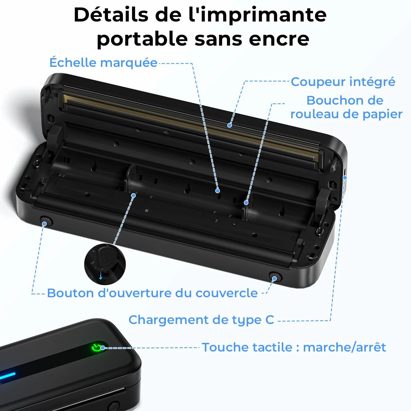 Imprimante Thermique A4 Portable Bluetooth 300 dpi sans Encre pour Voyage