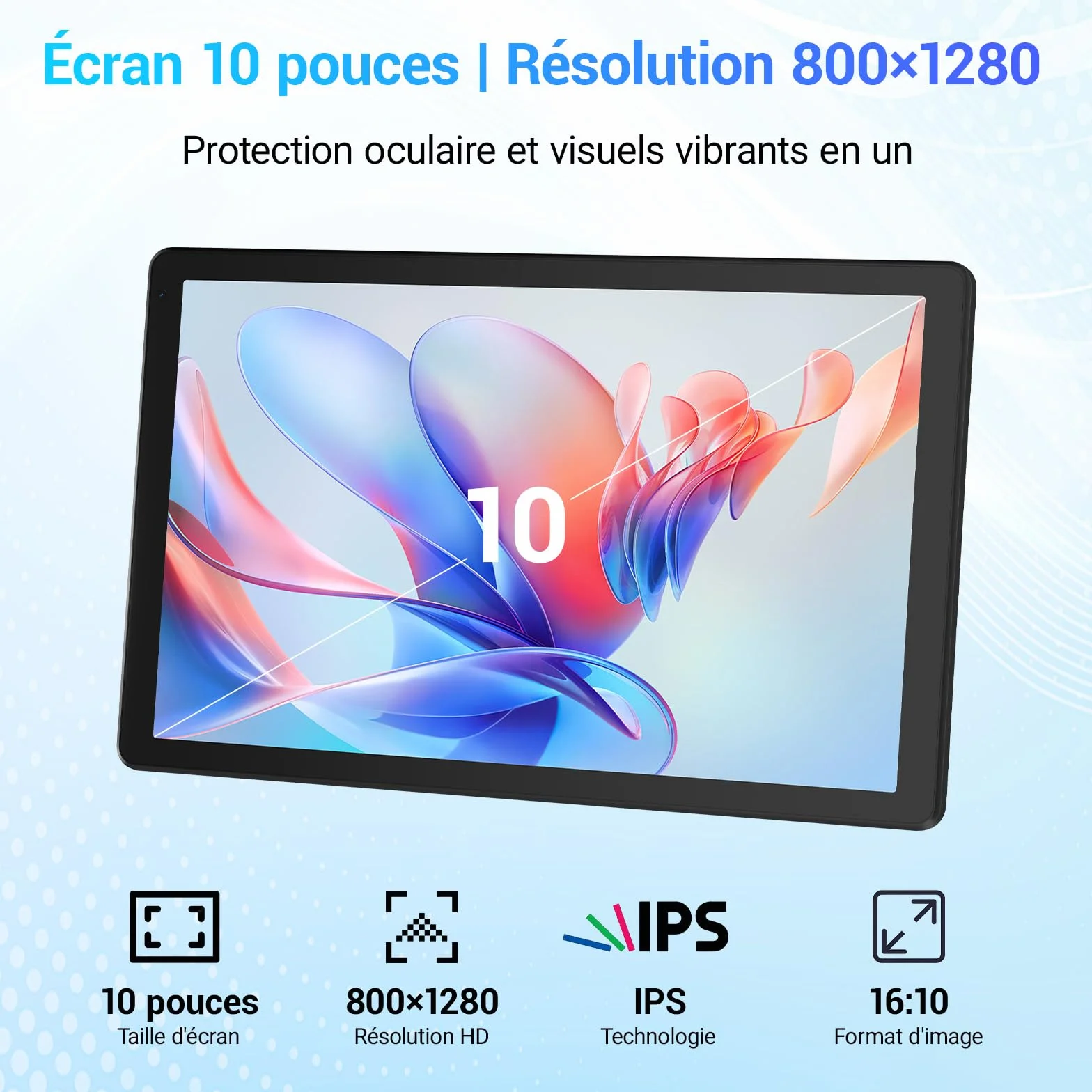 Tablette 10 Pouces Android 15 2026, 16 Go RAM, Écran HD IPS 1280x800, WiFi 6, Bluetooth 5.4, Batterie 5000mAh, Noir