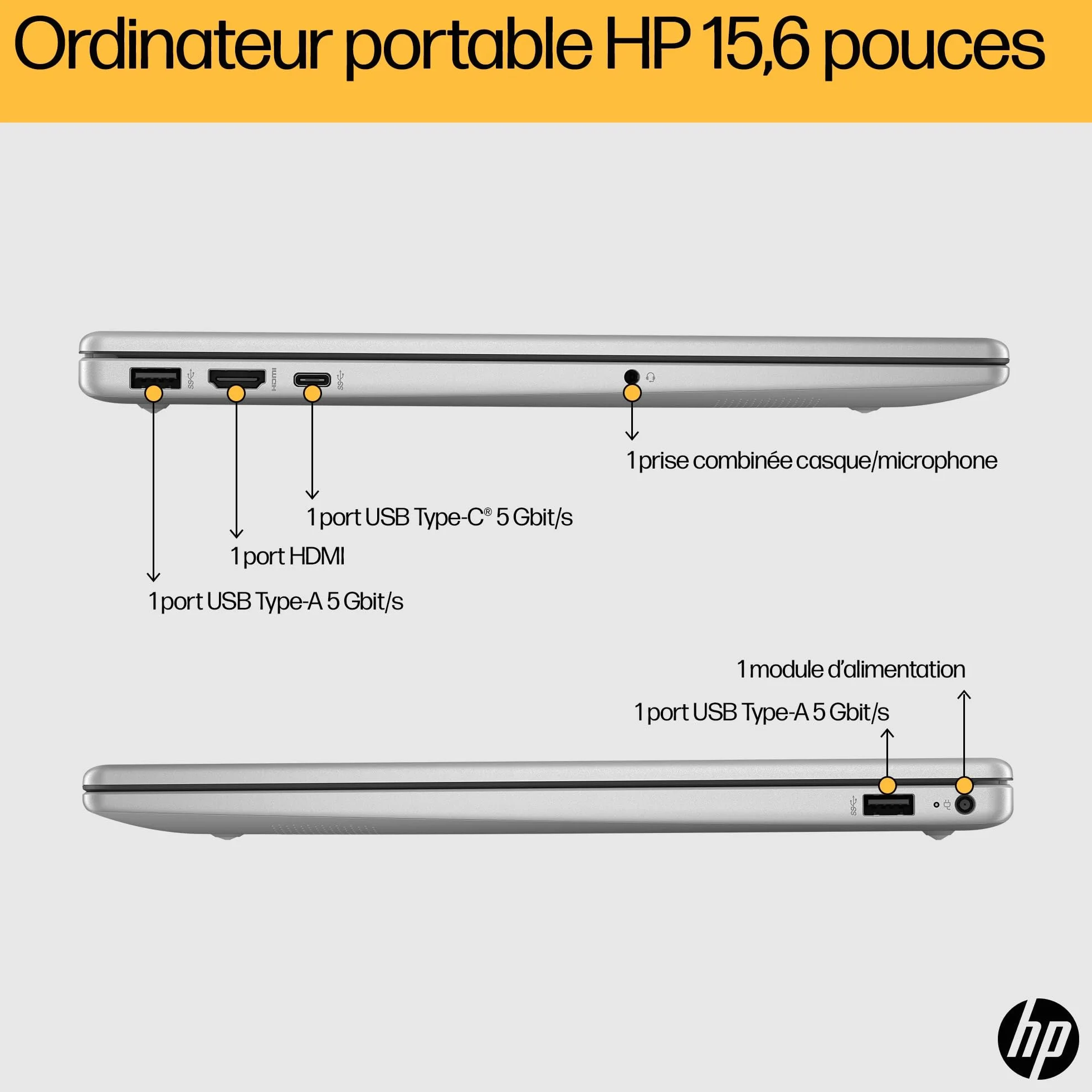 HP 15-fc0005sf Ordinateur Portable 15,6" FHD AMD Ryzen 5 7520U RAM 8 Go SSD 512 Go AMD Radeon Graphics Windows 11 Argent Clavier AZERTY