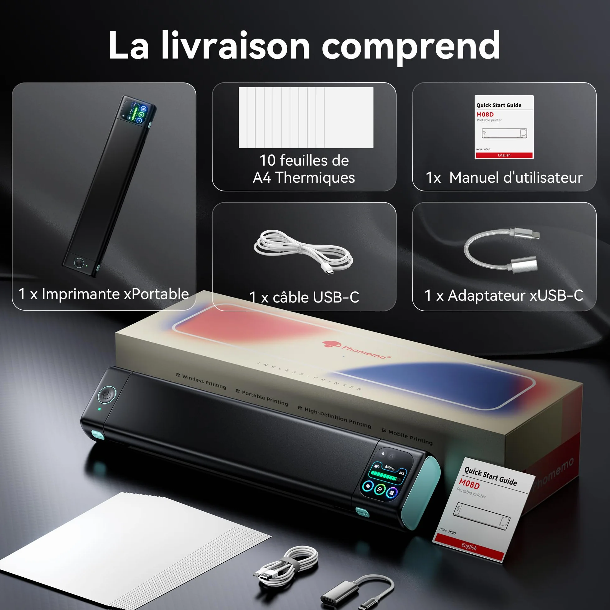 Phomemo M08D Imprimante Thermique Portable A4 Bluetooth sans Fil Écran Tactile