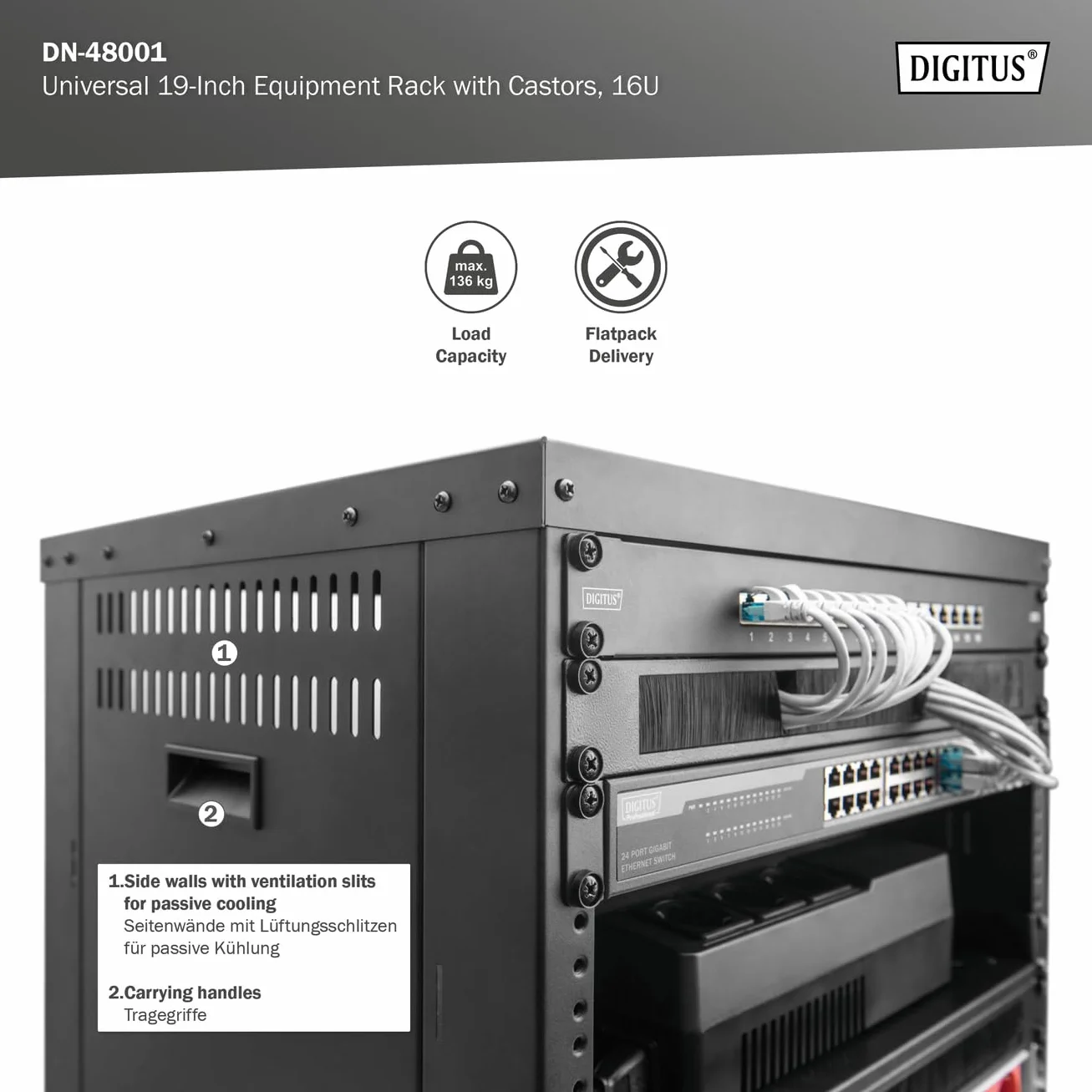 DIGITUS DN-48001 Rack Audio 19 Pouces 16U Universel Charge maximale 136 kg avec roulettes Noir