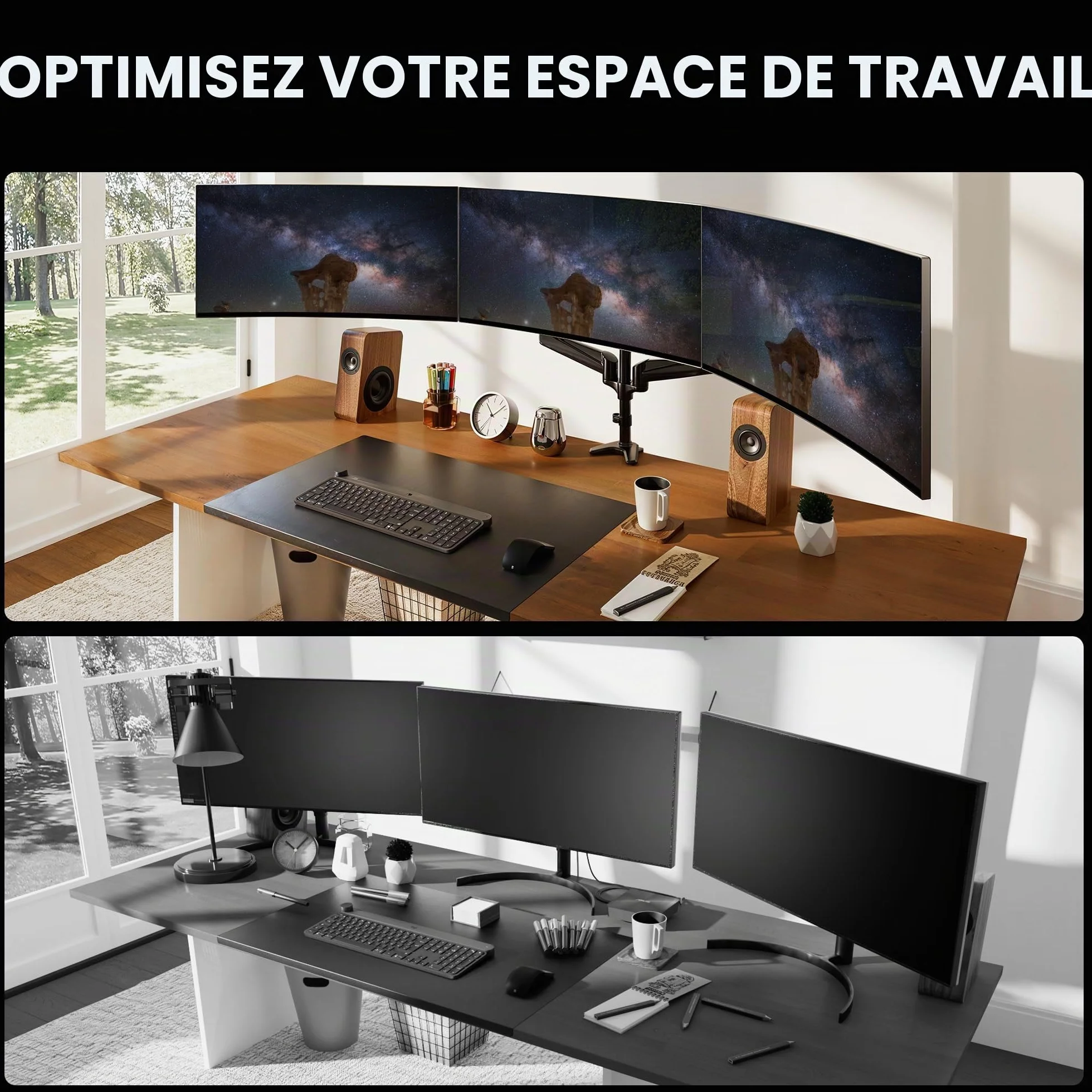 HUANUO Support d'écran PC 3 écrans 17-32 Pouces Inclinaison Pivot Montage Chaque Bras 8 kg Gaming