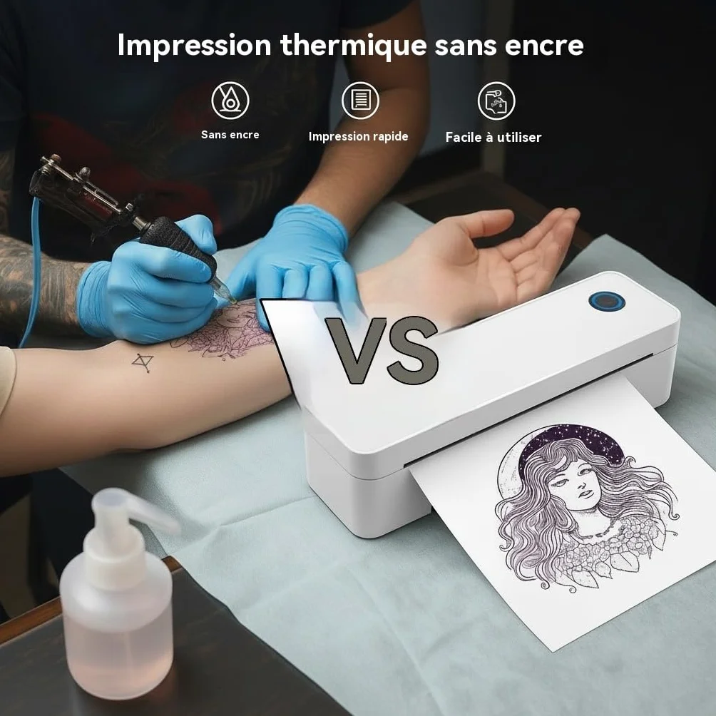 Imprimante de Transfert pour Tatouage A4, Machine Thermique avec 10 Feuilles et 1 Rouleau Papier Blanc