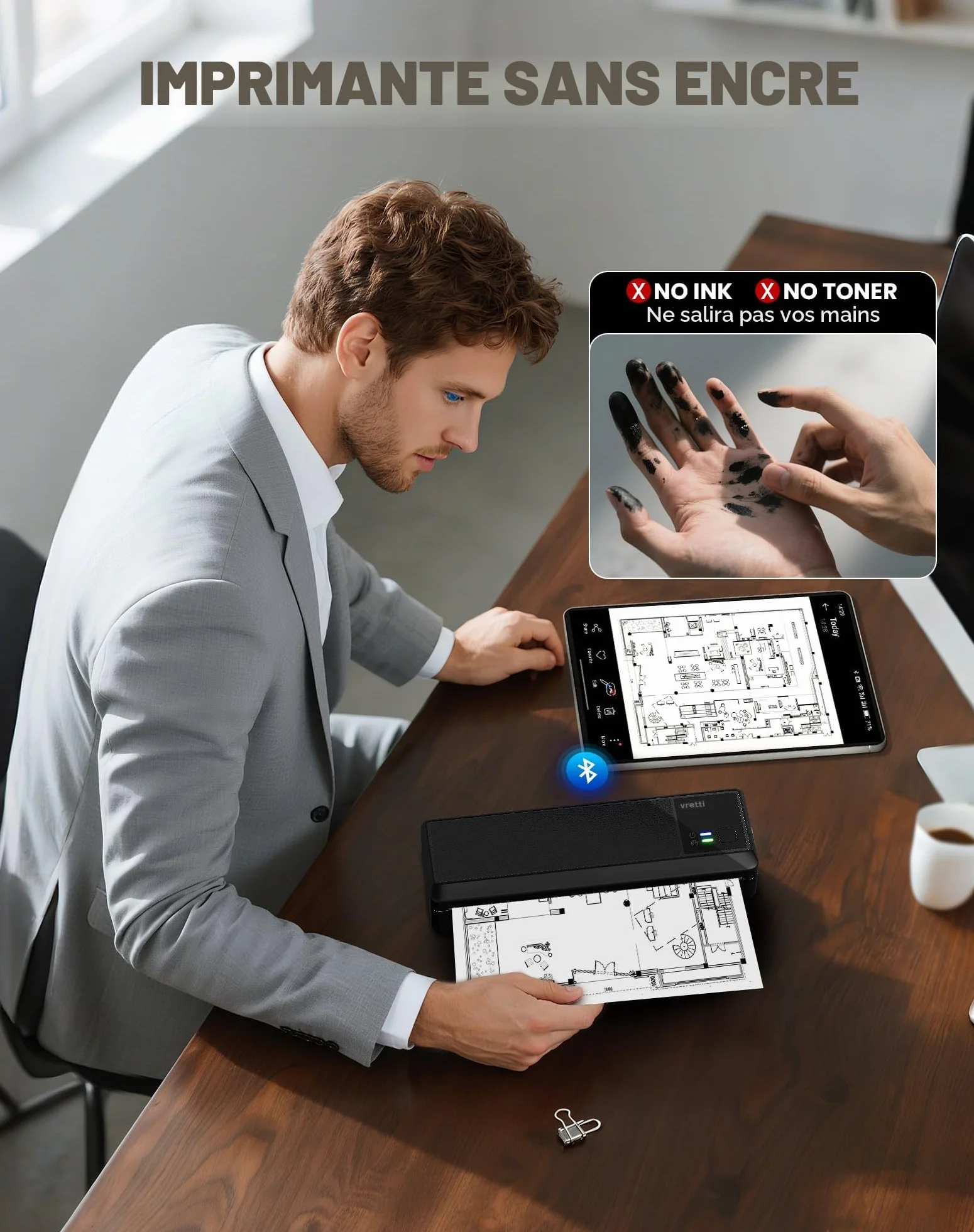 vretti Imprimante Mobile A4 Thermique Portable Bluetooth Android iOS Voyage Maison