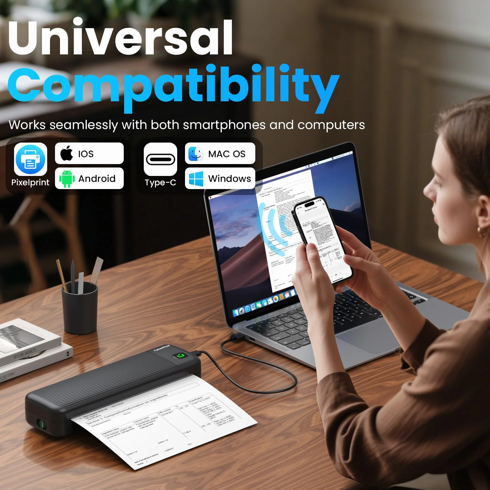 Imprimante Thermique Portable A4 Bluetooth Sans Encre 216/210/110/80/53mm Compatible iOS Android Mac Windows Noir
