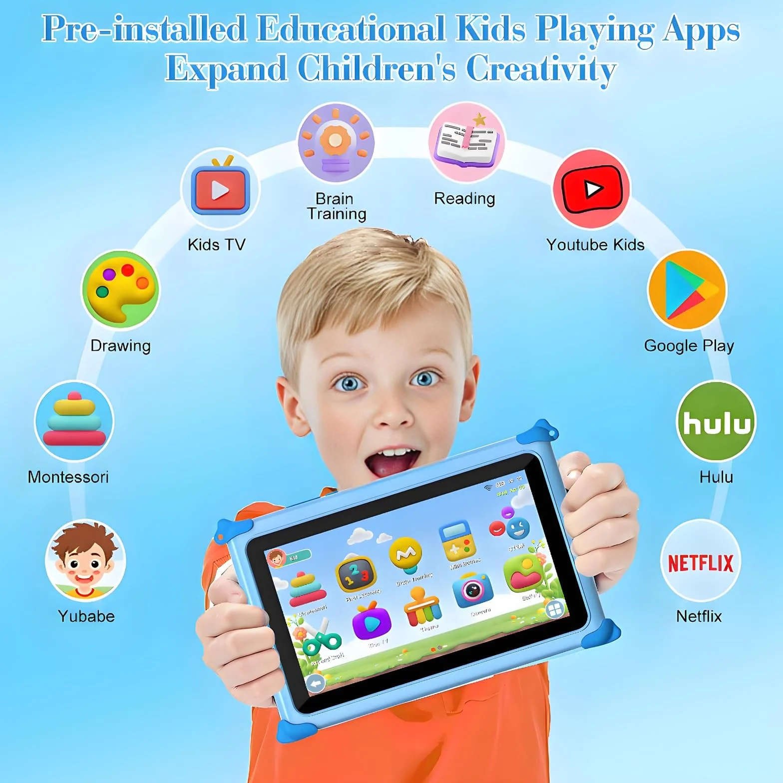 Tablette Enfants 7 Pouces Android 32Go+256Go GMS Écran IPS Tactile Applications Éducatives Contrôle Parental WiFi Bluetooth Étui Bleu